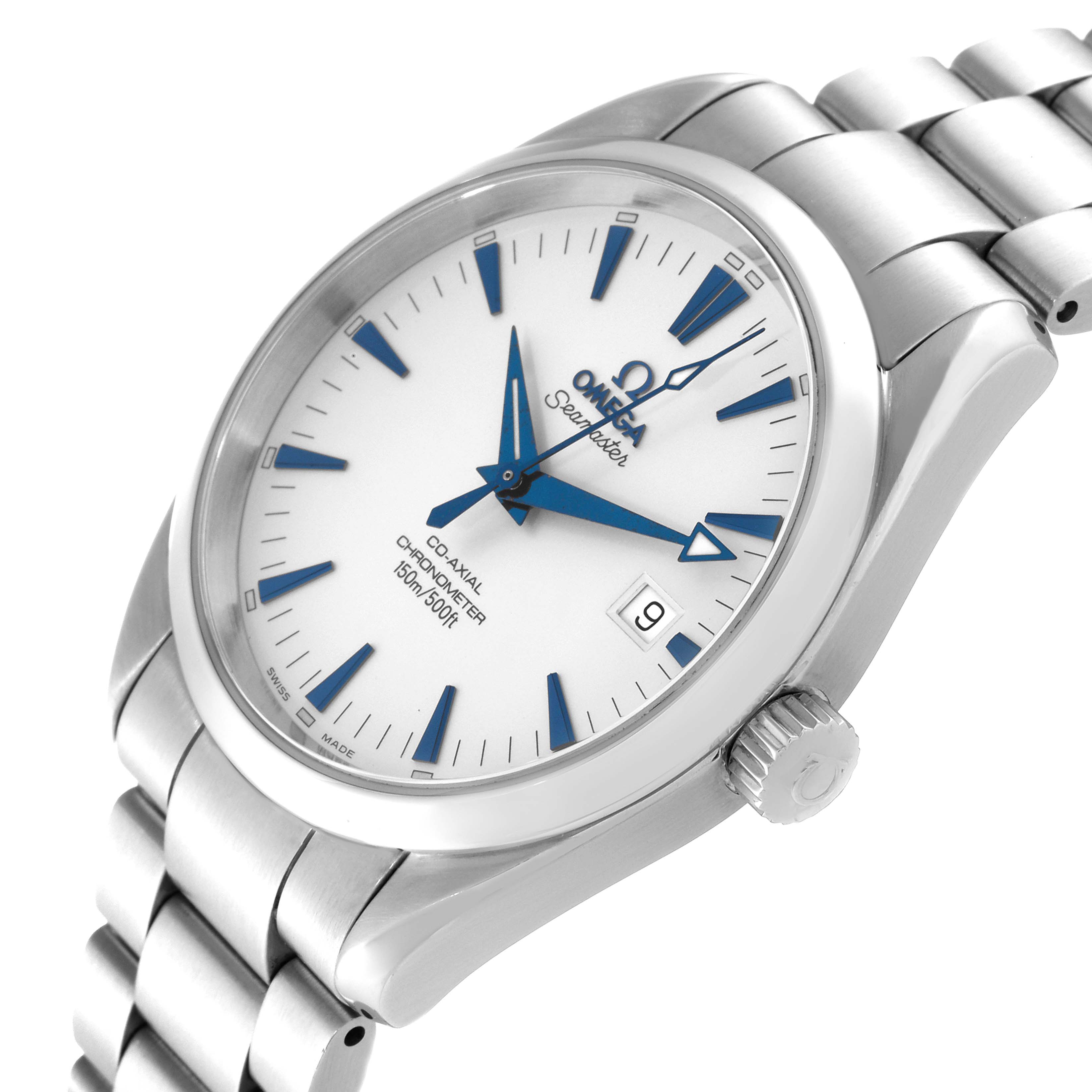 The image shows the Omega Aqua Terra 2503.33.00 Men
s Stainless Steel Silver Dial 2503.33.00 Men
s Stainless Steel Silver Dial watch at a slight angle, highlighting the dial, hands, date window, and part of the bracelet.