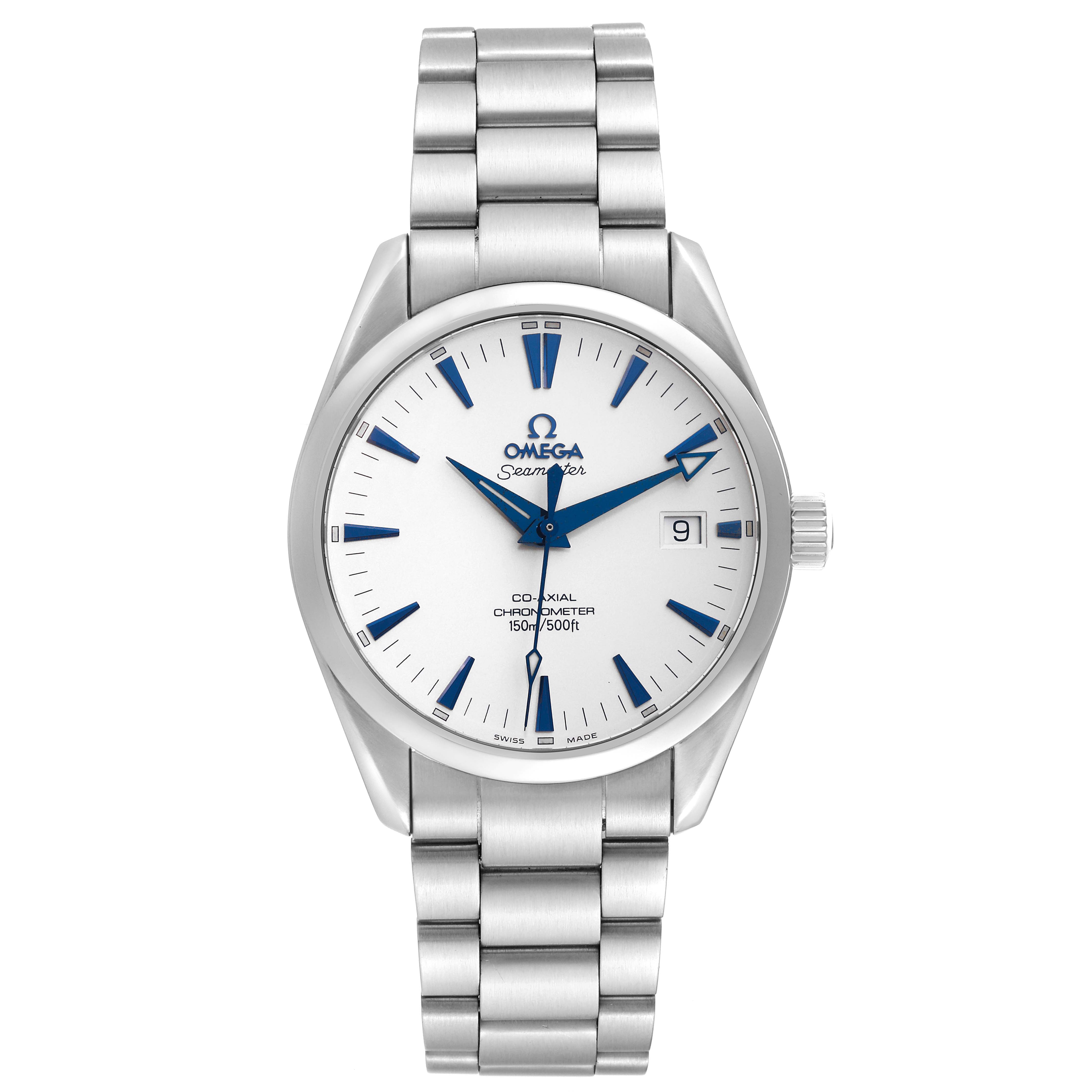 The Omega Aqua Terra 2503.33.00 Men
s Stainless Steel Silver Dial 2503.33.00 Men
s Stainless Steel Silver Dial watch is depicted from a front angle, showcasing its face, hands, indices, date window, and stainless steel bracelet.