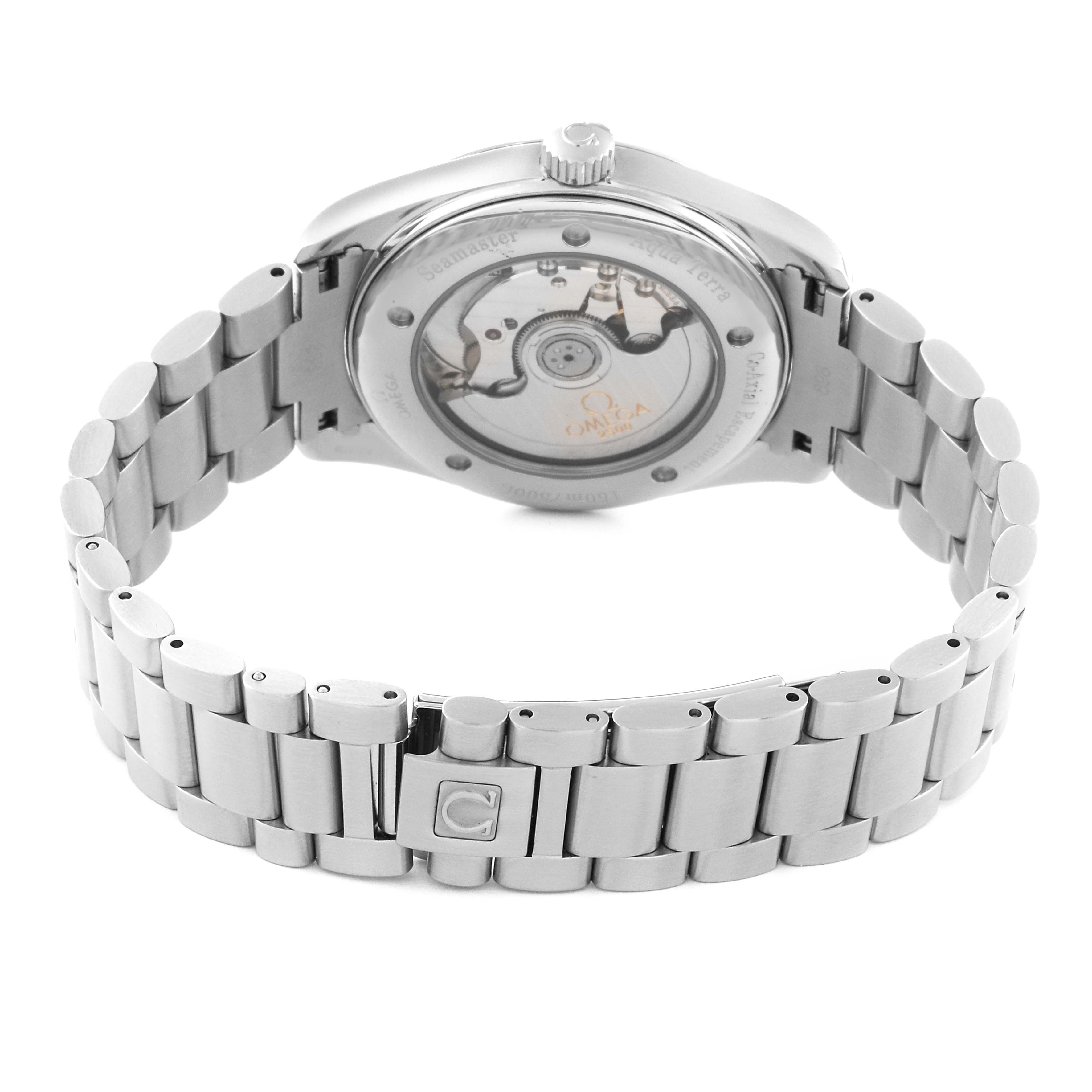 The image shows the back of an Omega Aqua Terra 2503.33.00 Men
s Stainless Steel Silver Dial 2503.33.00 Men
s Stainless Steel Silver Dial watch, highlighting its stainless steel bracelet and transparent case back.