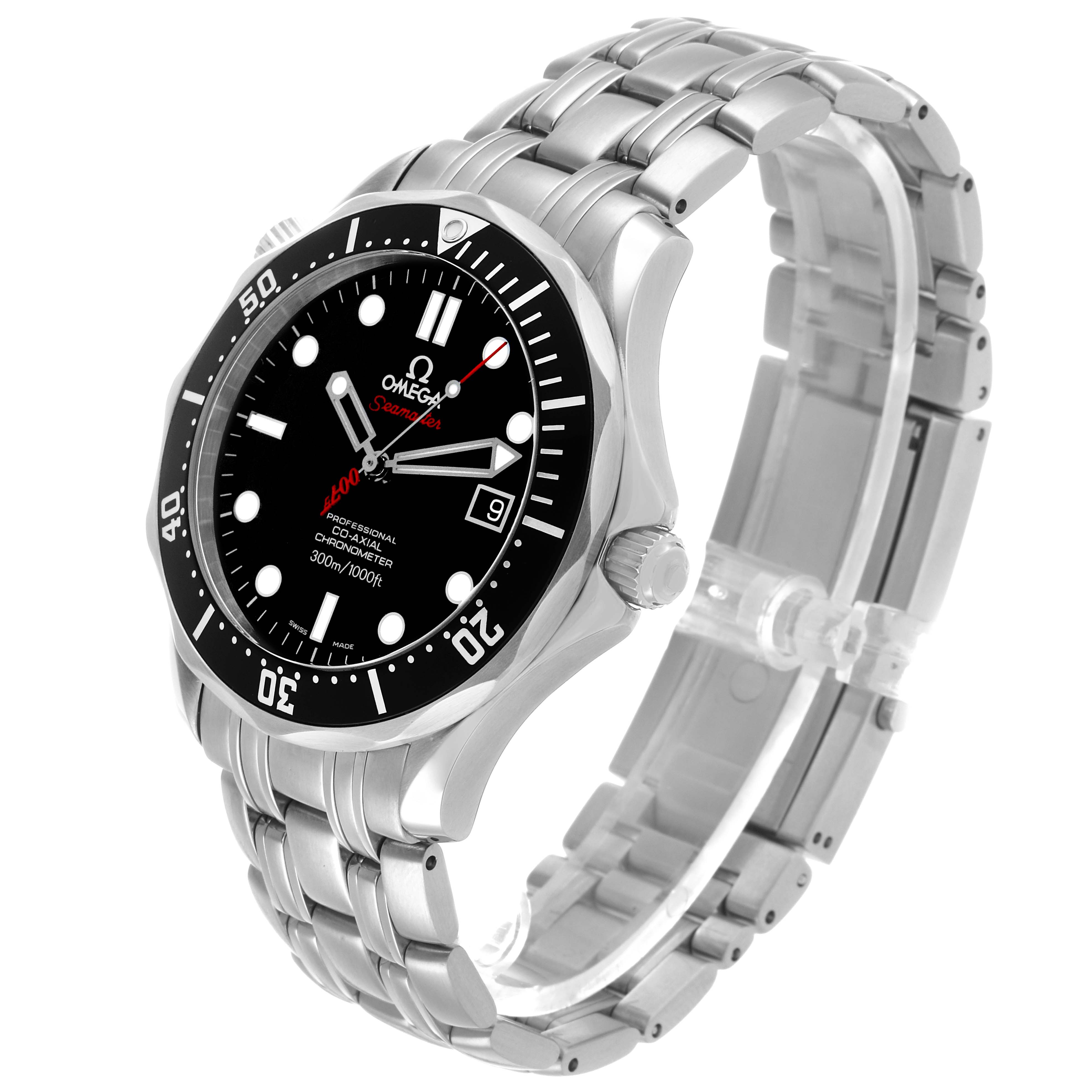 The Omega Seamaster 212.30.41.20.01.001 Men's Stainless Steel Black Dial watch is shown at a three-quarter angle, highlighting its face, bezel, and metal bracelet.
