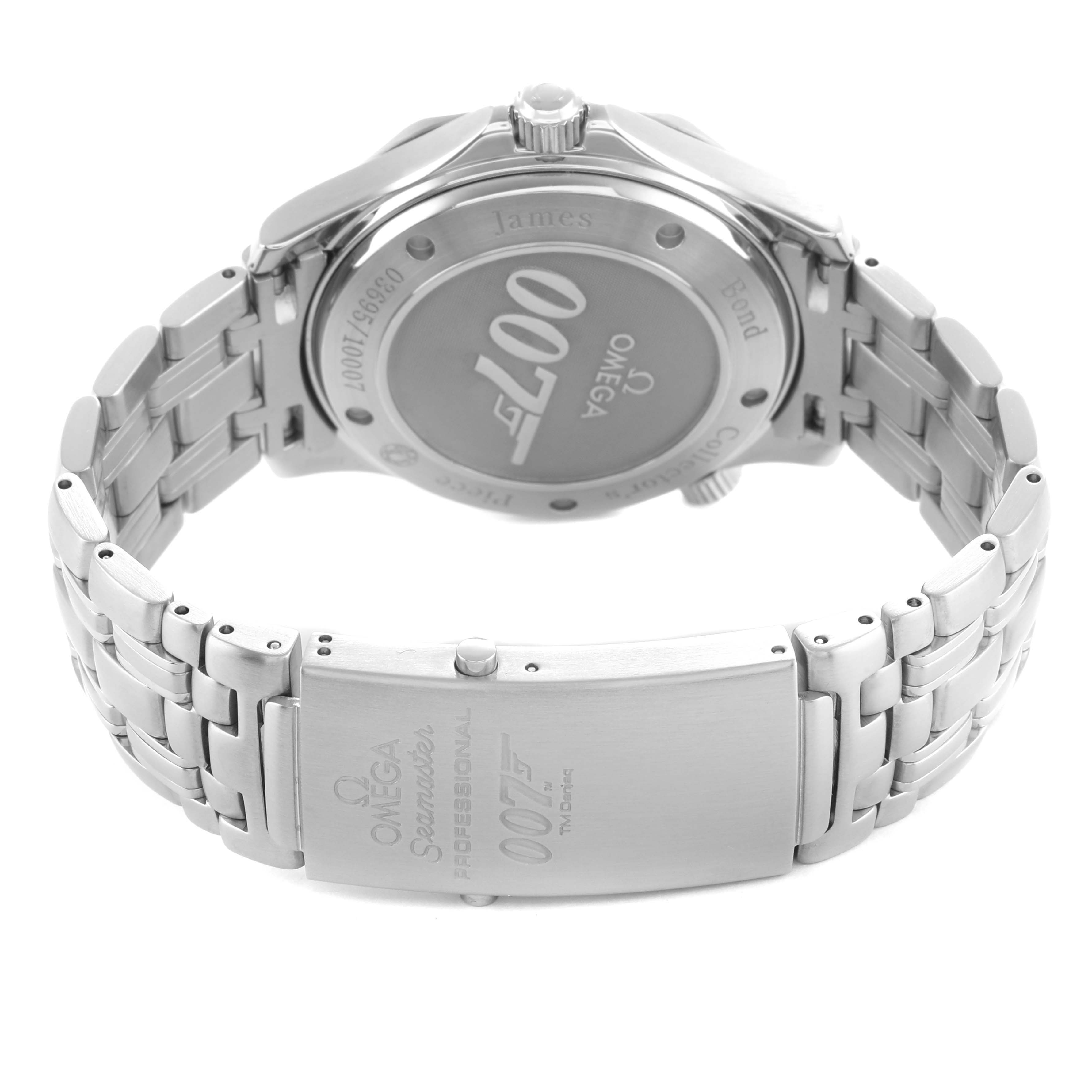 The image shows the back and clasp of an Omega Seamaster 212.30.41.20.01.001 Men's Stainless Steel Black Dial watch, featuring the 007 logo and intricate bracelet design.
