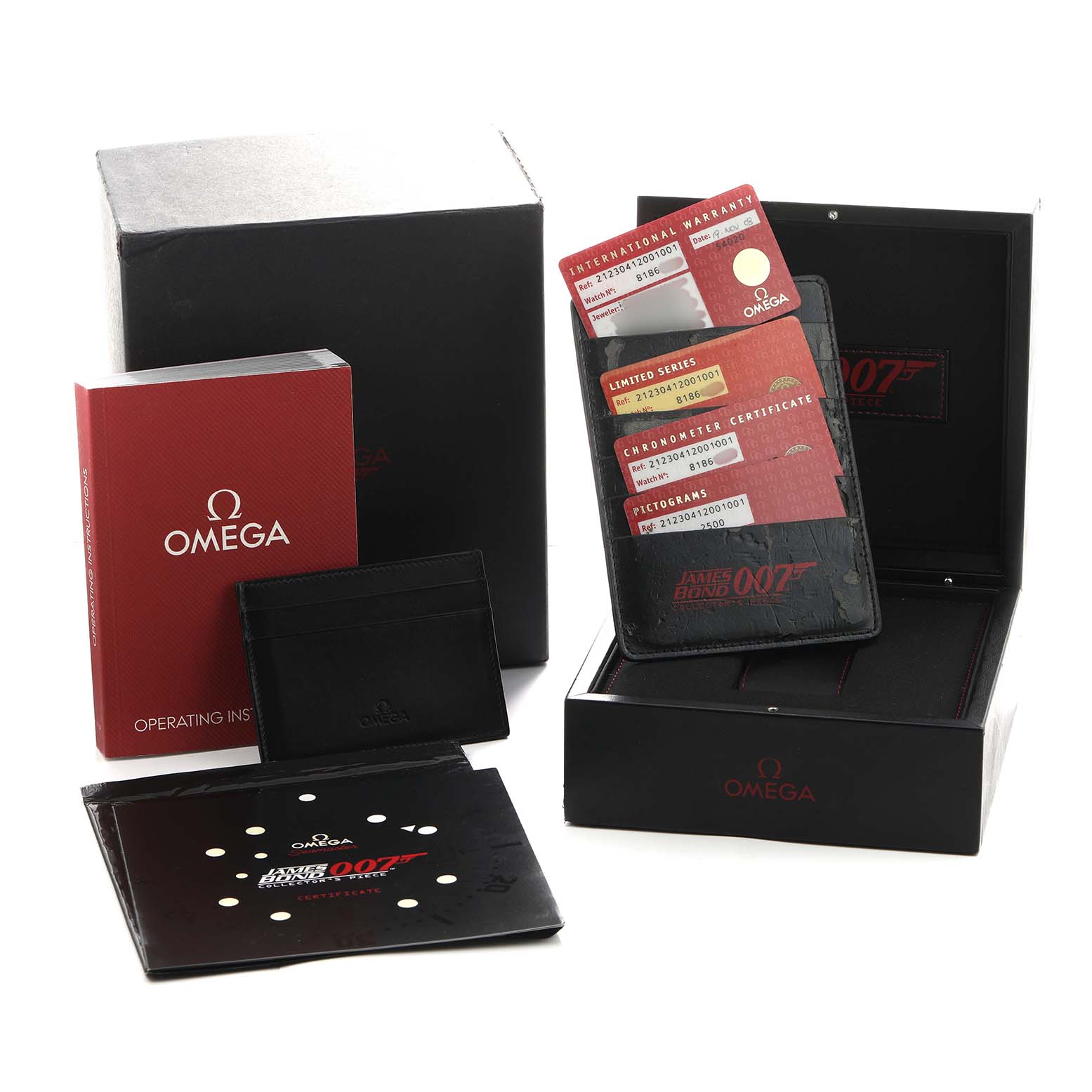The image shows Omega Seamaster 212.30.41.20.01.001 Men's Stainless Steel Black Dial packaging, warranty cards, an operating manual, and a branded card holder.