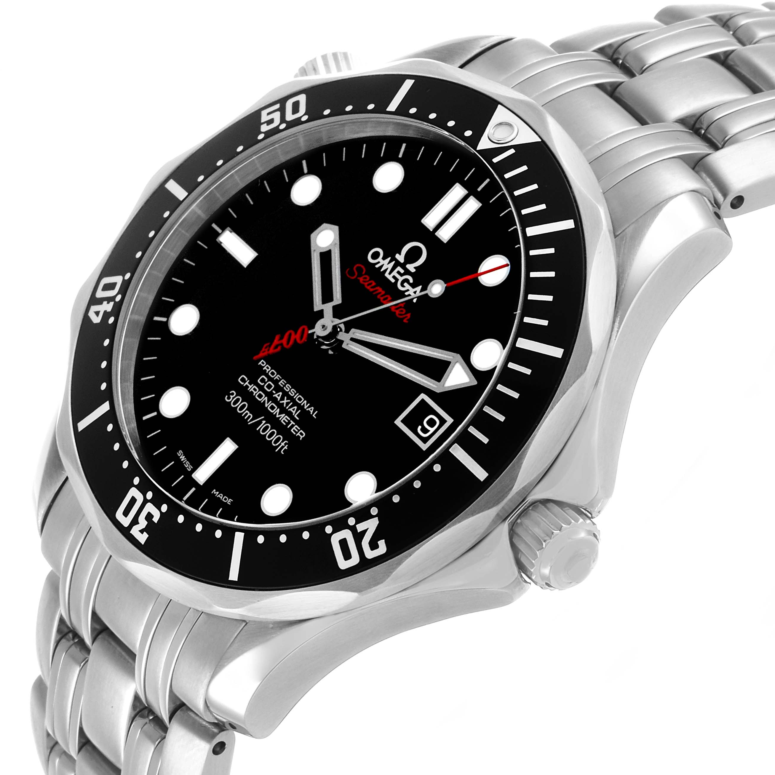 The Omega Seamaster 212.30.41.20.01.001 Men's Stainless Steel Black Dial watch is shown at an angled side view, highlighting the face, bezel, crown, and bracelet.