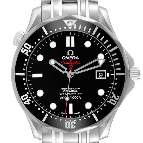The Omega Seamaster 212.30.41.20.01.001 Men's Stainless Steel Black Dial watch is shown from the front, highlighting the dial, bezel, and part of the bracelet.