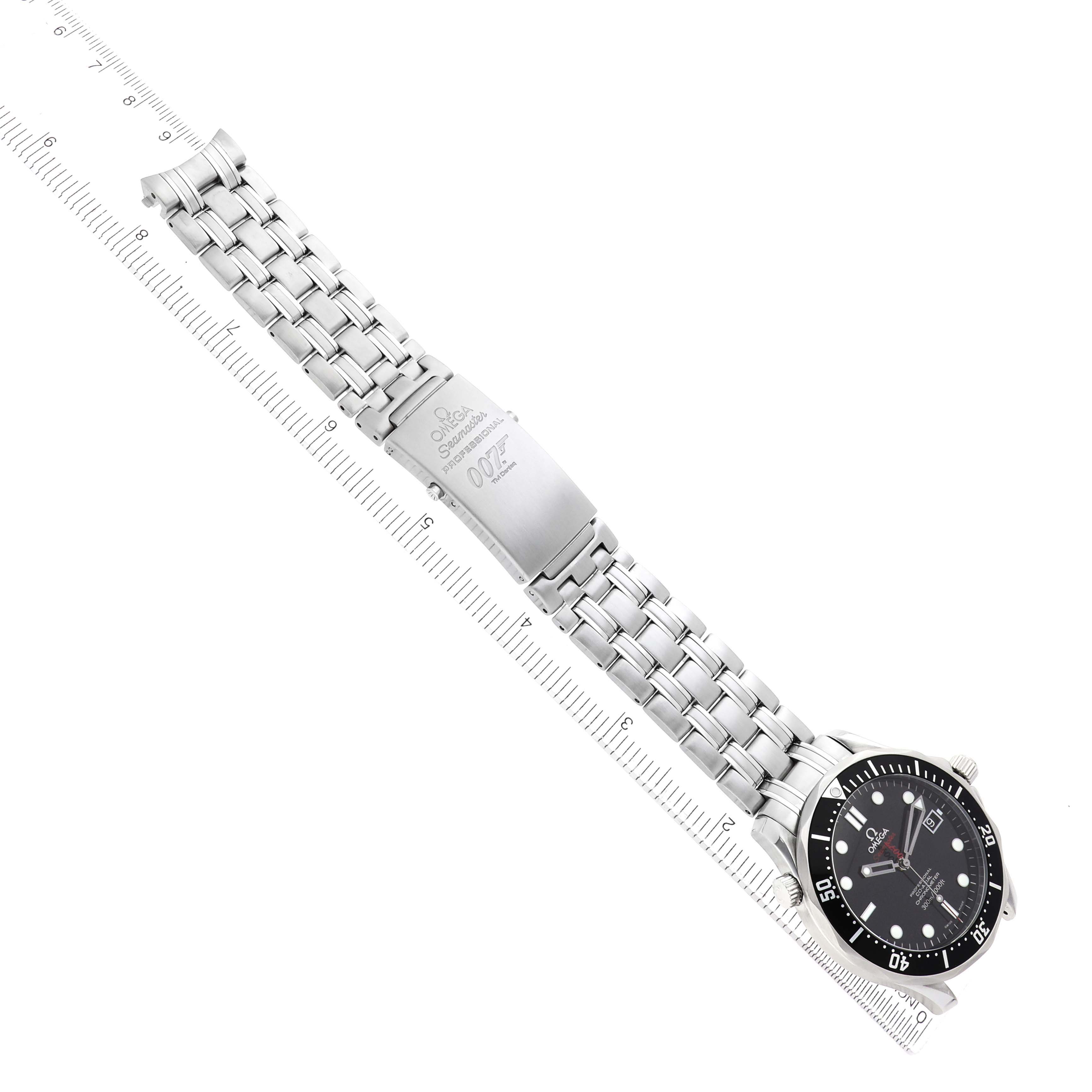 The Omega Seamaster 212.30.41.20.01.001 Men's Stainless Steel Black Dial watch is displayed flat with the full length of the stainless steel bracelet and clasp visible.