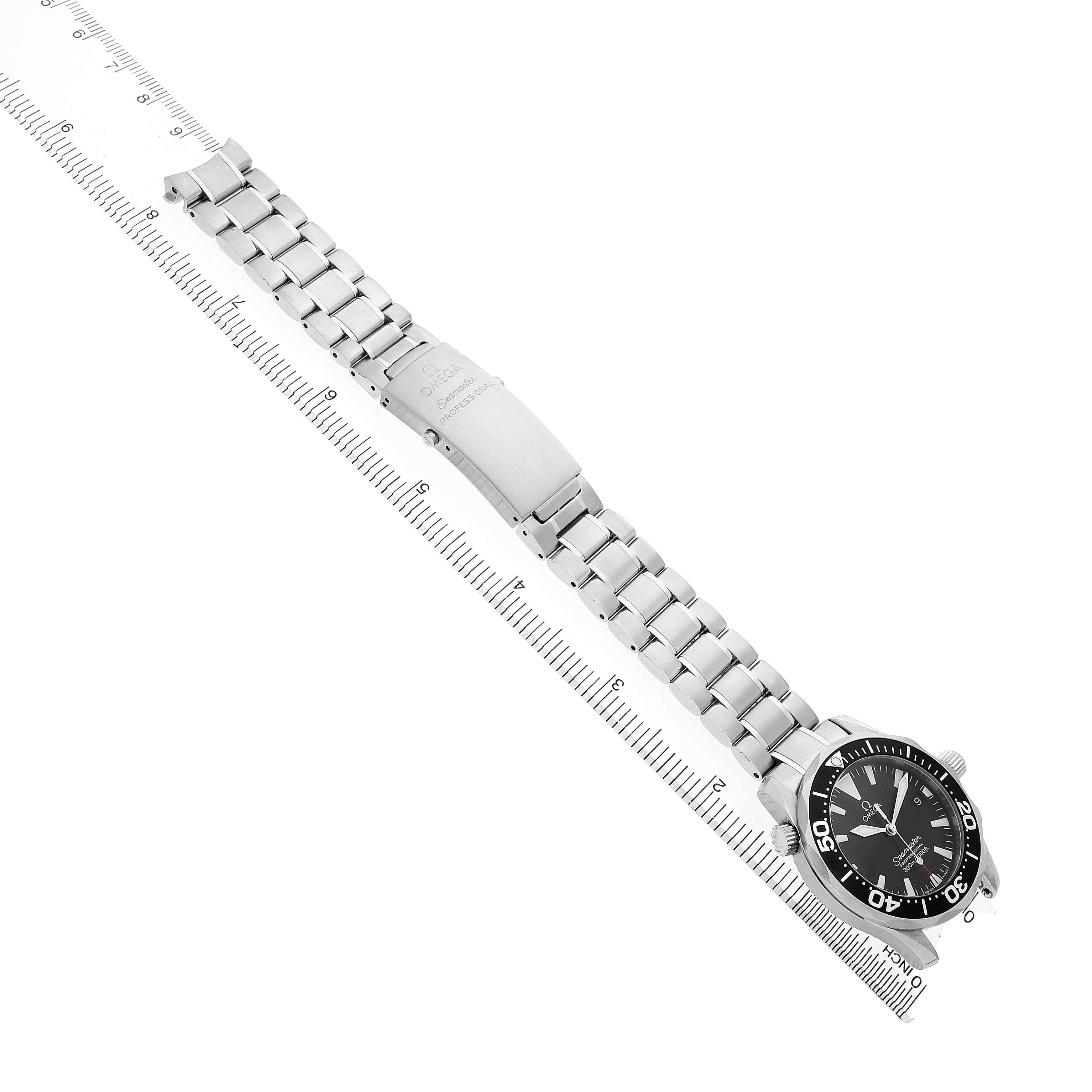 The Omega Seamaster 2262.50.00 Men's Stainless Steel Black Dial watch is shown from a top-down angle, displaying the full bracelet, clasp, and watch face.