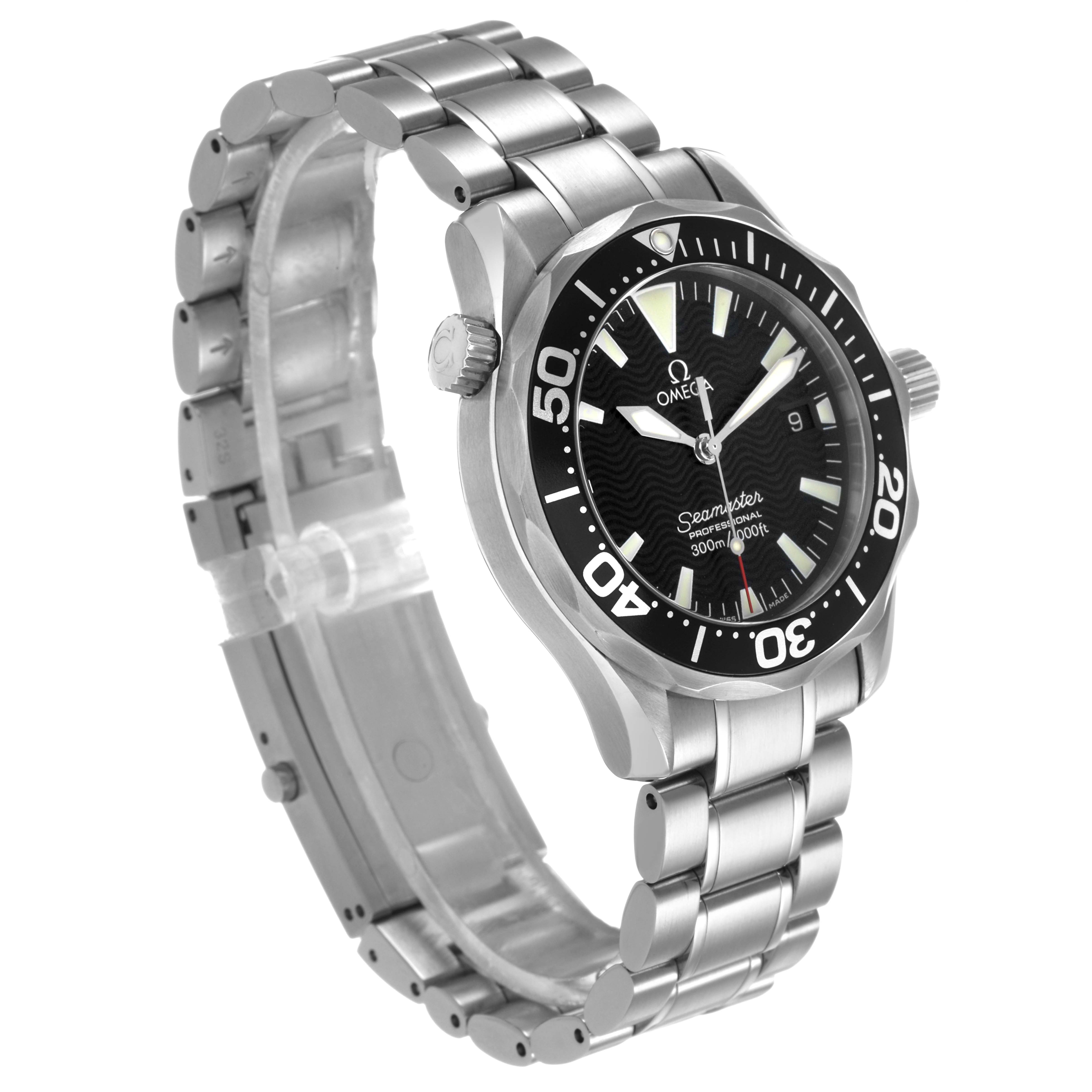 The Omega Seamaster 2262.50.00 Men's Stainless Steel Black Dial watch is shown at a slight angle, revealing its face, bezel, crown, and metal bracelet.