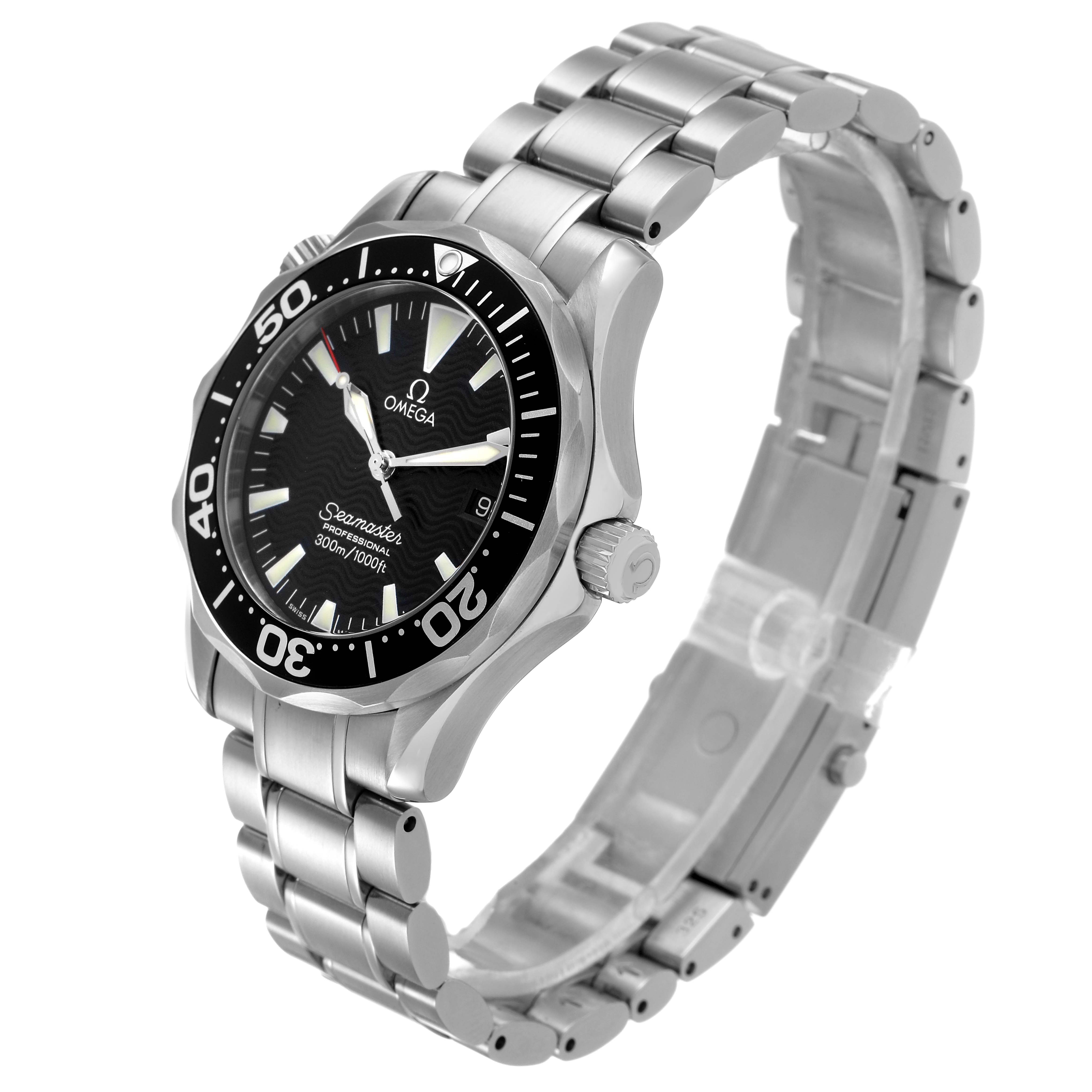 The Omega Seamaster 2262.50.00 Men's Stainless Steel Black Dial watch is shown at an angled side view, displaying its face, bezel, bracelet, and crown.