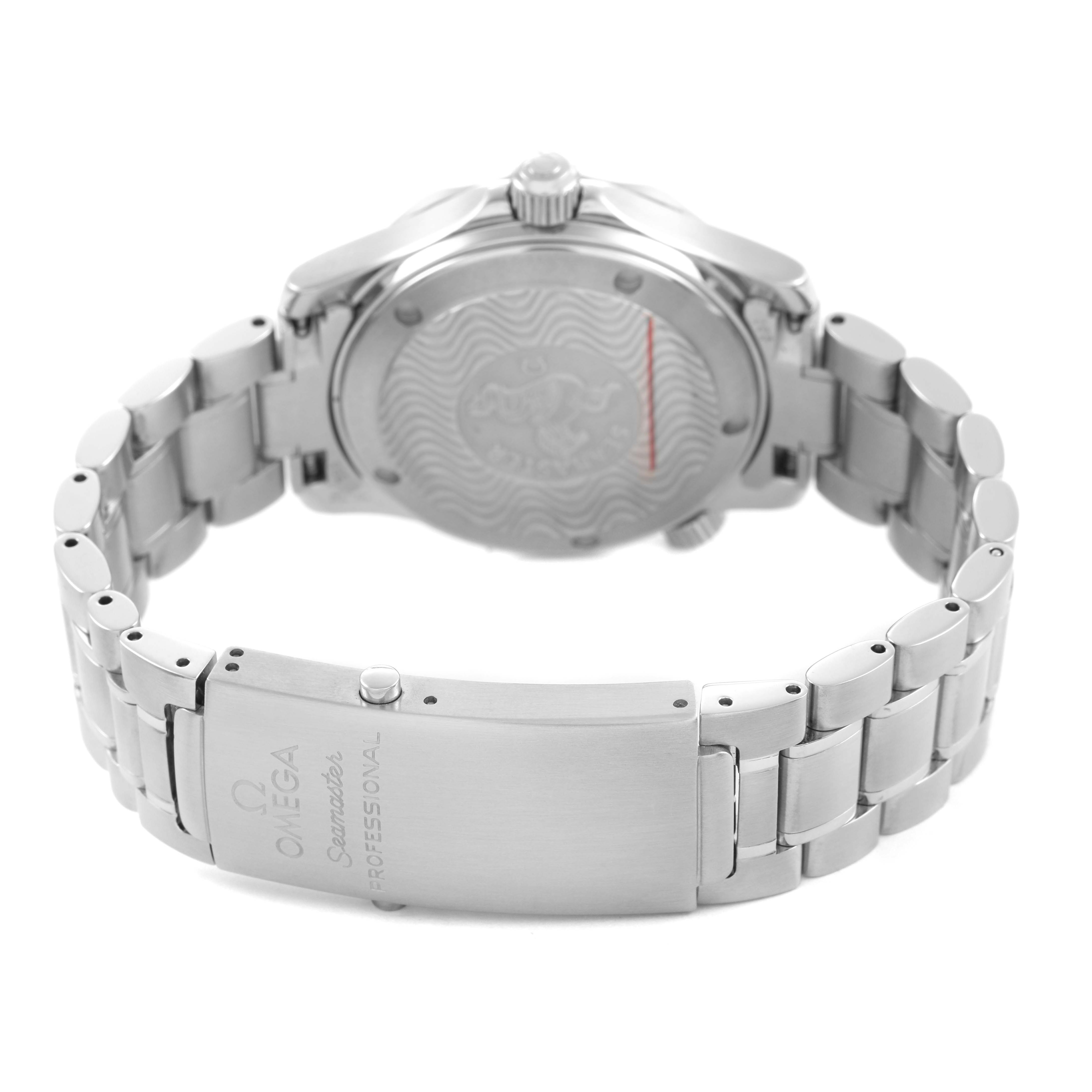 The image shows the back view of the Omega Seamaster 2262.50.00 Men's Stainless Steel Black Dial, highlighting the case back and bracelet with a deployment clasp.