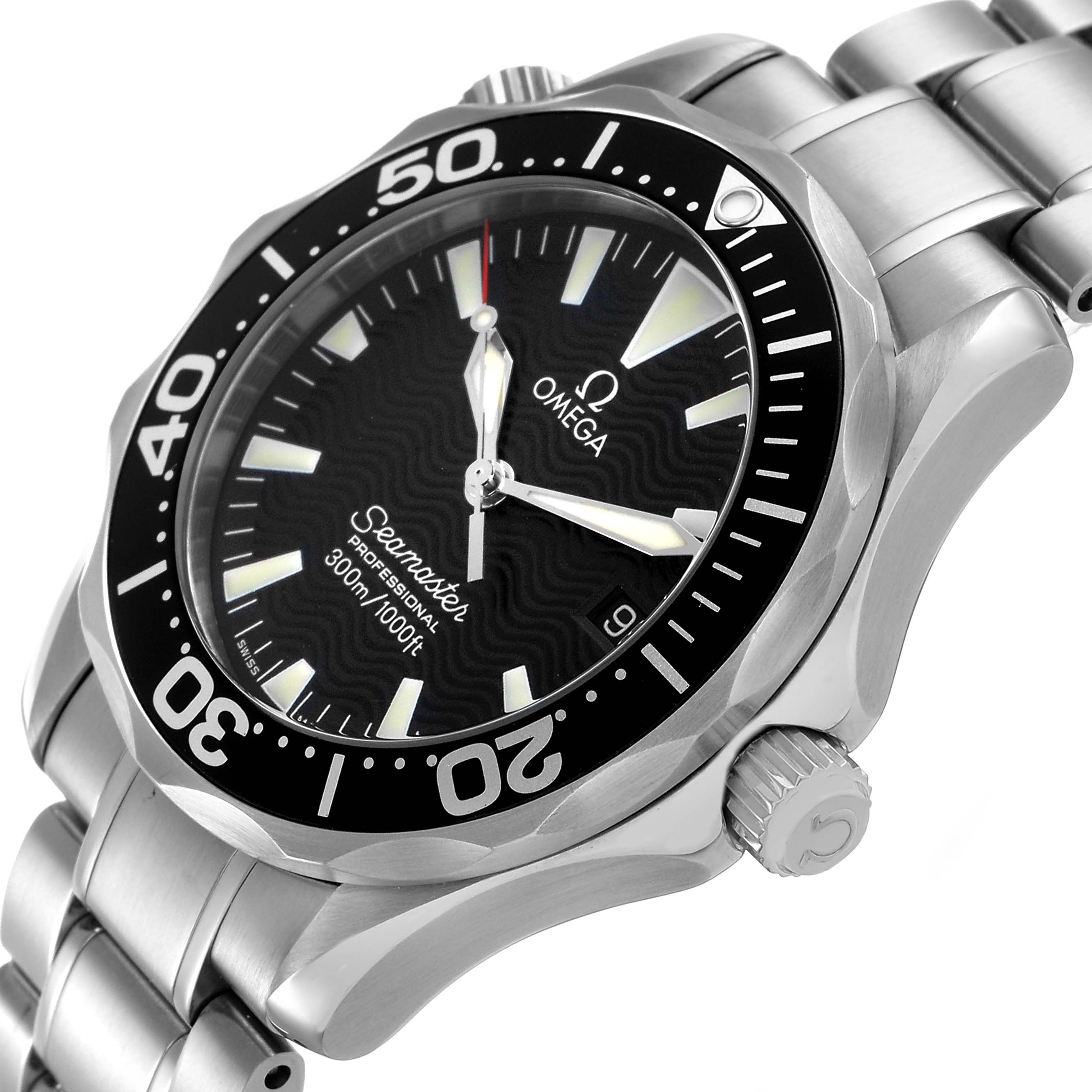 The image shows an angled view of an Omega Seamaster 2262.50.00 Men's Stainless Steel Black Dial watch, highlighting its bezel, dial, and metal bracelet.