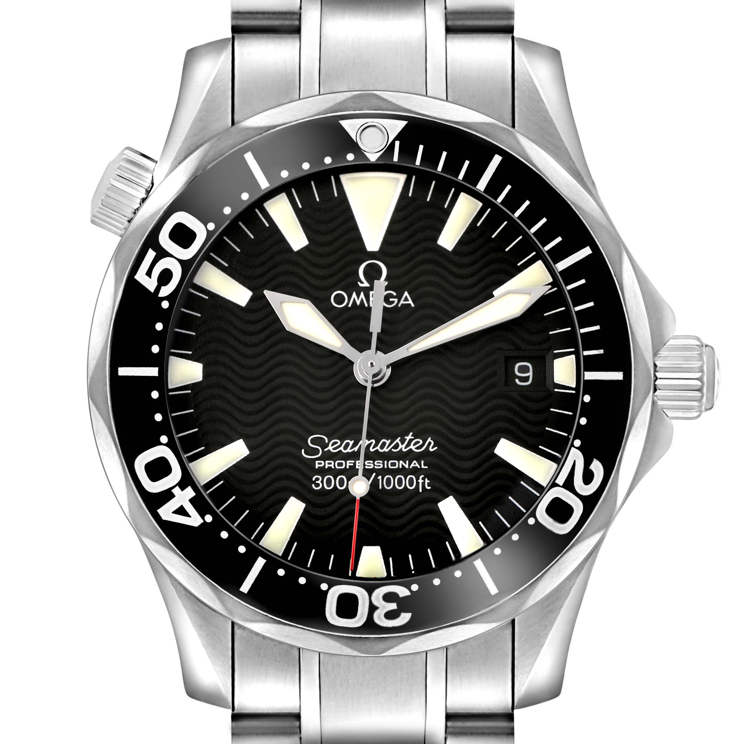 The Omega Seamaster 2262.50.00 Men's Stainless Steel Black Dial watch is shown from the front, featuring its dial, bezel, crown, and stainless steel bracelet.