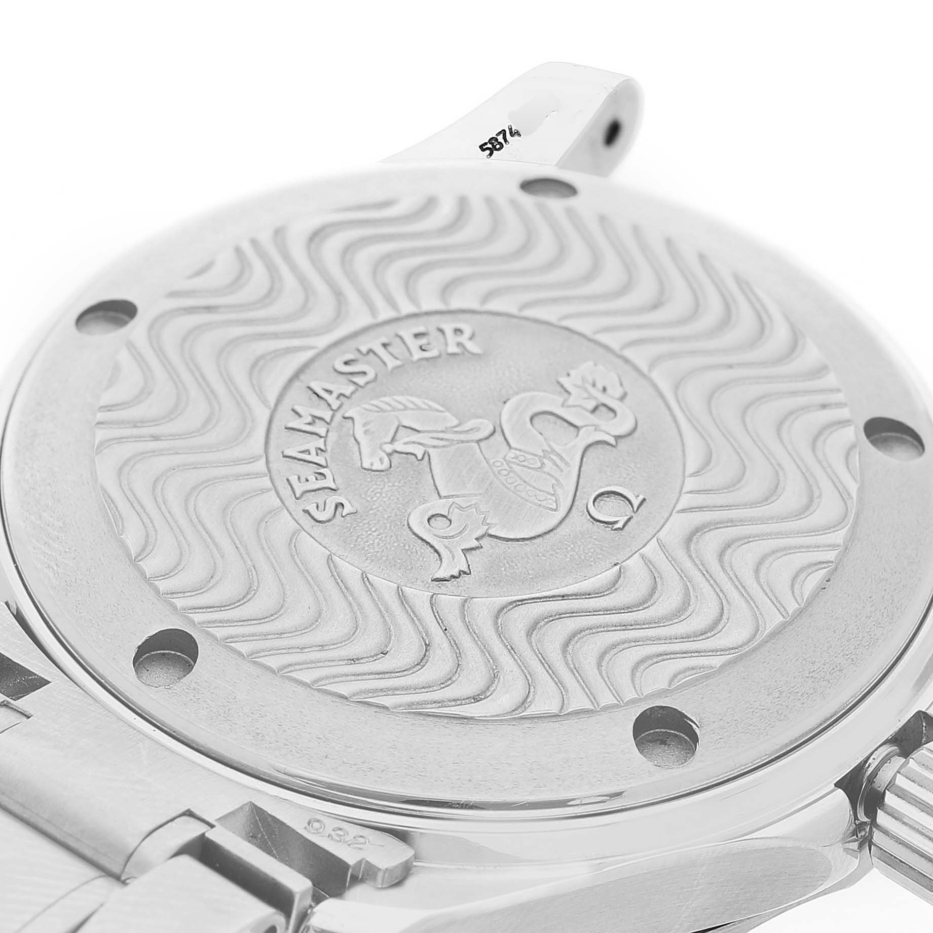 The image shows the case back of the Omega Seamaster 2262.50.00 Men's Stainless Steel Black Dial, featuring an embossed logo and wave pattern design.