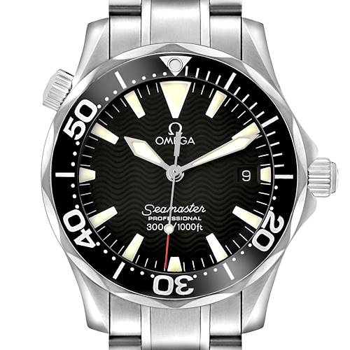 The Omega Seamaster 2262.50.00 Men's Stainless Steel Black Dial watch is shown from the front, highlighting the dial, bezel, and part of the bracelet.