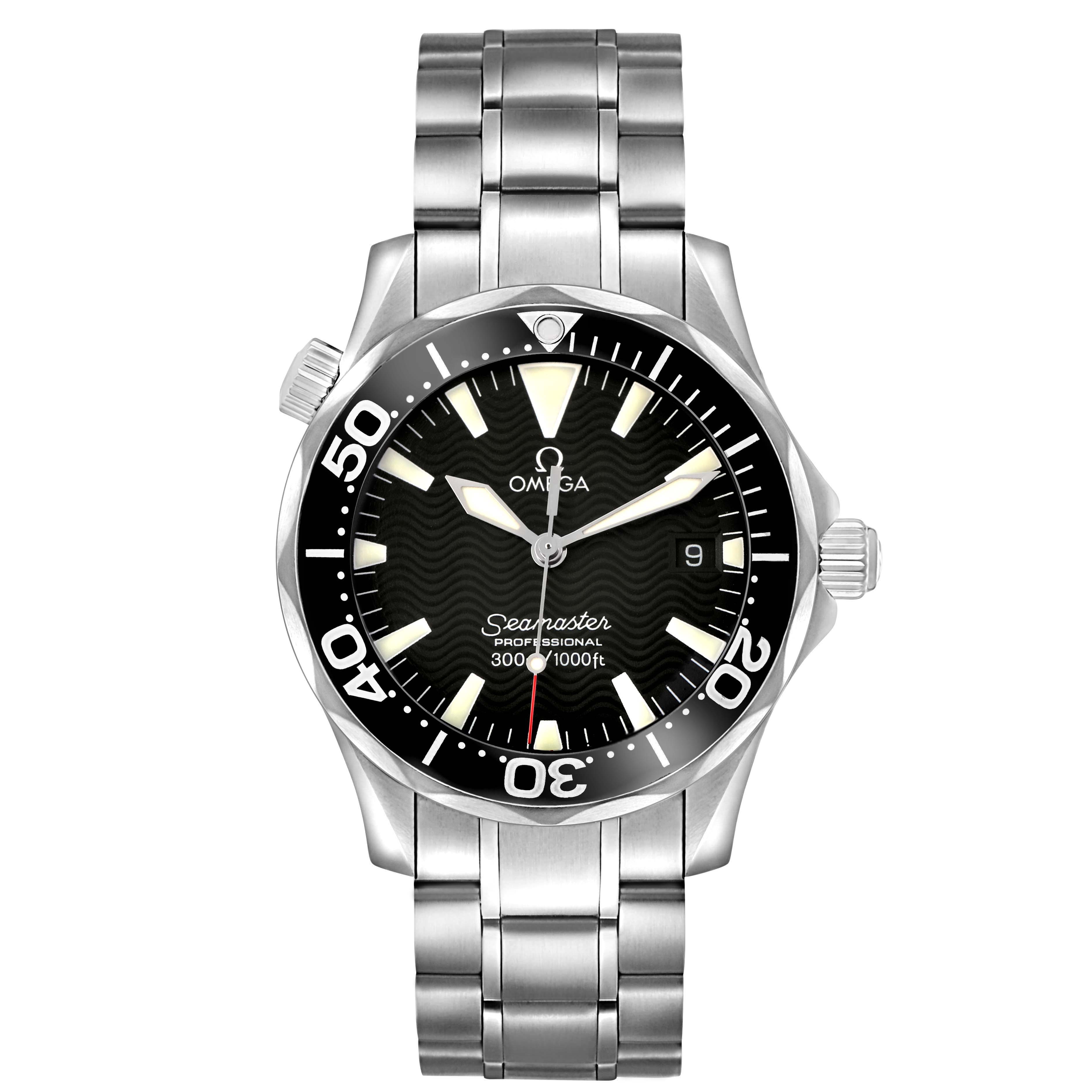 The Omega Seamaster 2262.50.00 Men's Stainless Steel Black Dial watch is shown from a top-down angle, featuring its face, bezel, and bracelet.