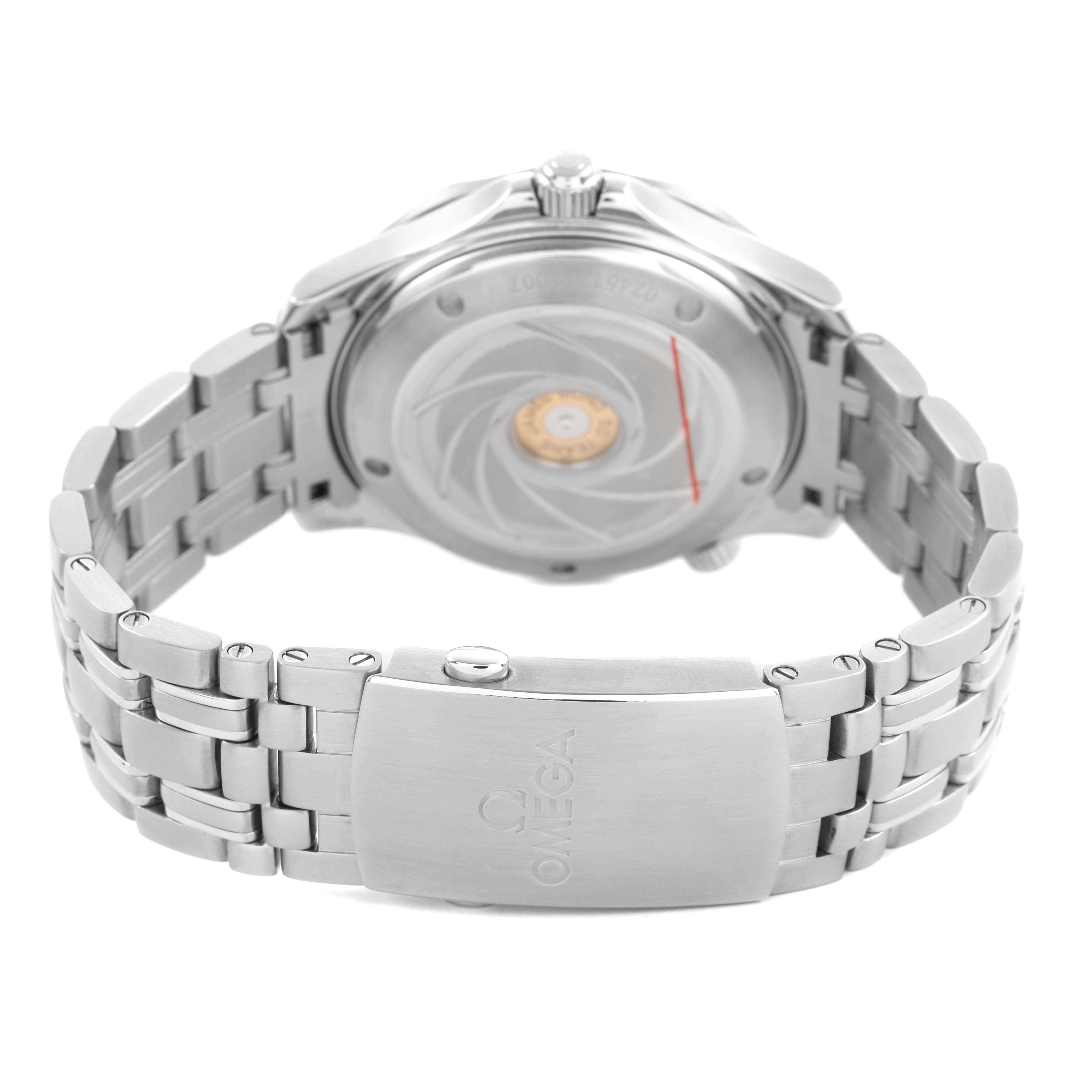 The image shows the back view of the Omega Seamaster 212.30.41.20.01.005 Men's Stainless Steel Beige Dial, highlighting the bracelet and clasp.