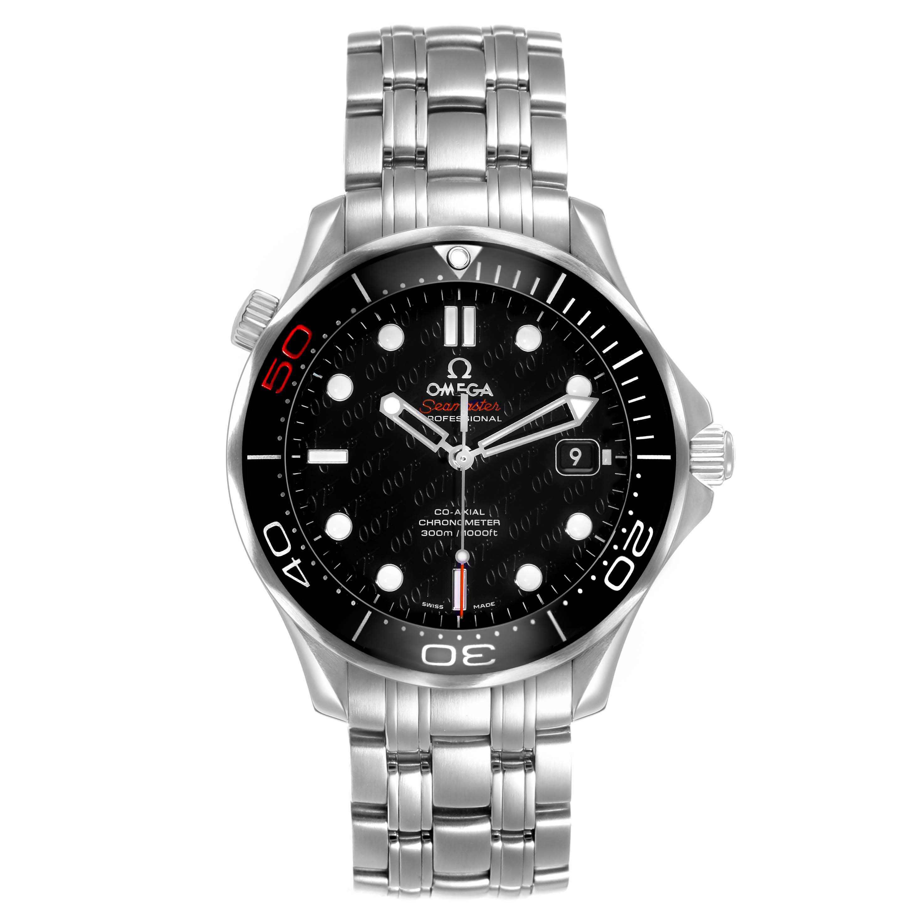 The image shows a frontal view of the Omega Seamaster 212.30.41.20.01.005 Men's Stainless Steel Beige Dial, highlighting the dial, bezel, bracelet, and crown.