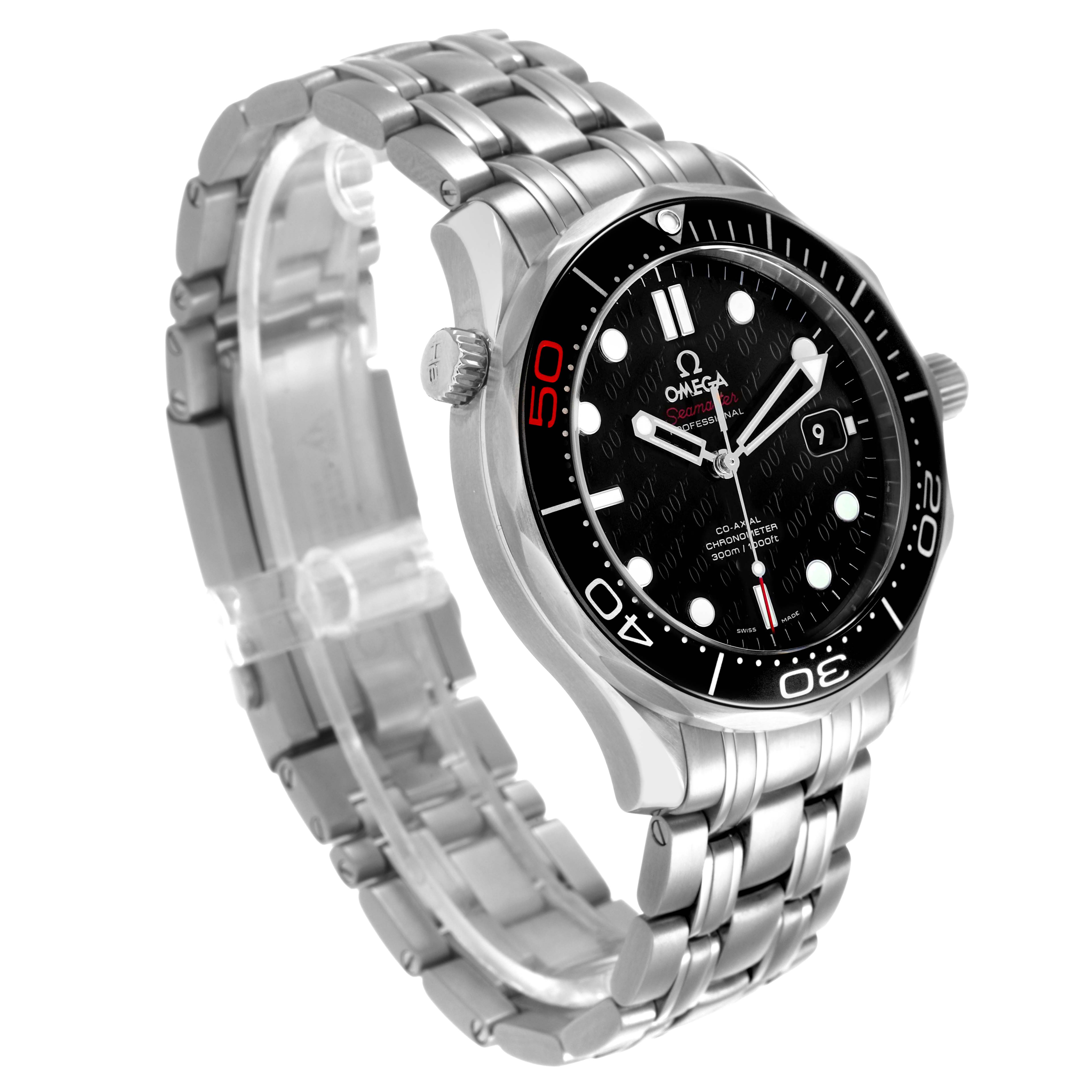 The Omega Seamaster 212.30.41.20.01.005 Men's Stainless Steel Beige Dial watch is shown at a three-quarter angle, highlighting its bracelet, bezel, and dial.