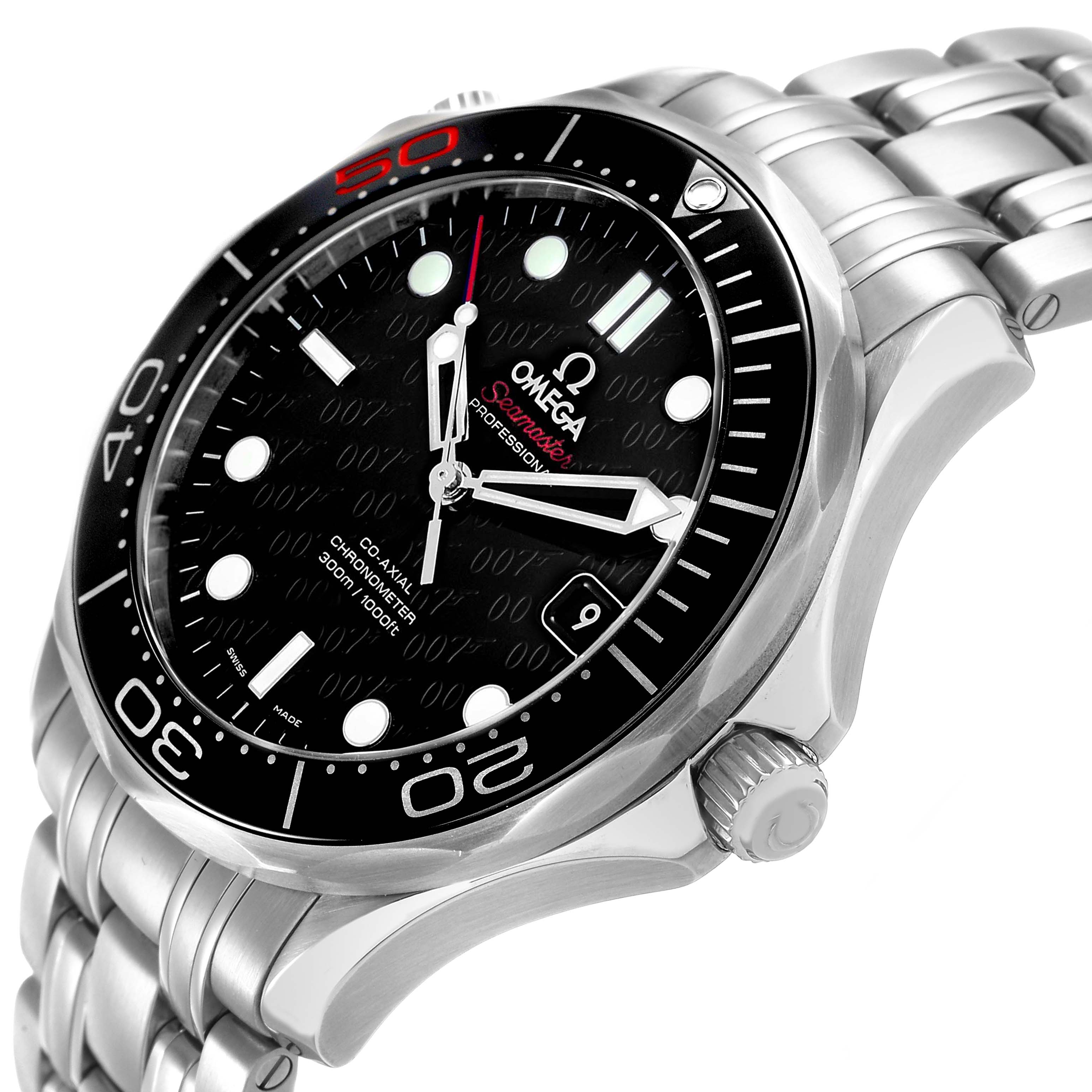 The Omega Seamaster 212.30.41.20.01.005 Men's Stainless Steel Beige Dial watch is shown at a tilted angle highlighting the dial, bezel, crown, and portion of the bracelet.
