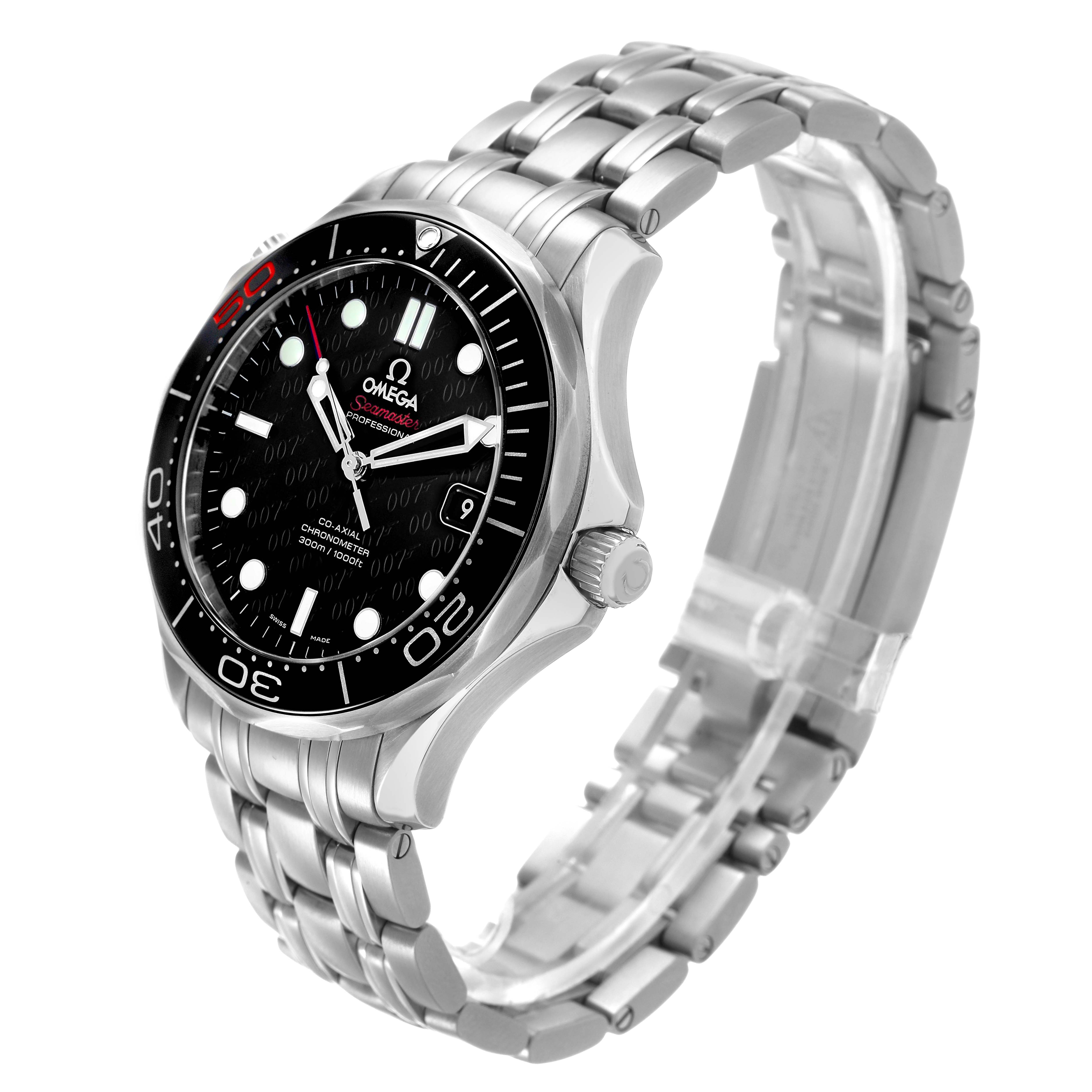 The Omega Seamaster 212.30.41.20.01.005 Men's Stainless Steel Beige Dial watch is shown at a slight angle, highlighting the face, bezel, crown, and metal bracelet.