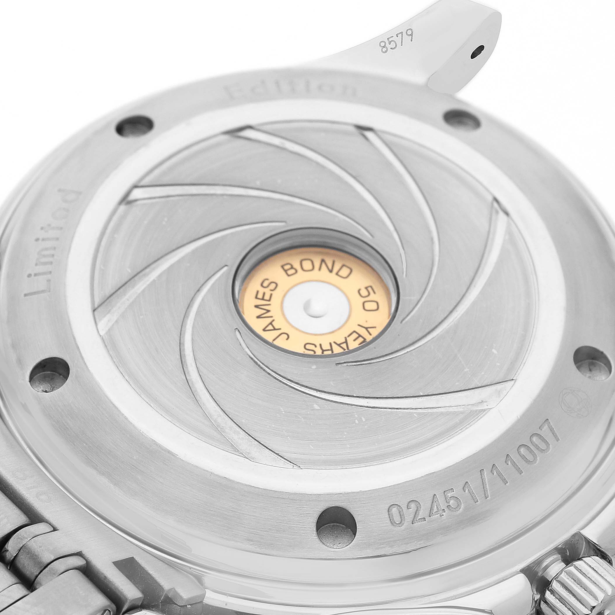 The image shows the case back of an Omega Seamaster 212.30.41.20.01.005 Men's Stainless Steel Beige Dial watch with a James Bond 50 Years design and limited edition engraving.