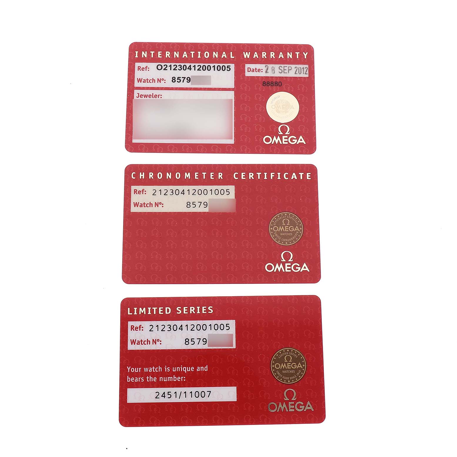 The image shows an International Warranty card, a Chronometer Certificate, and a Limited Series card for the Omega Seamaster 212.30.41.20.01.005 Men's Stainless Steel Beige Dial.