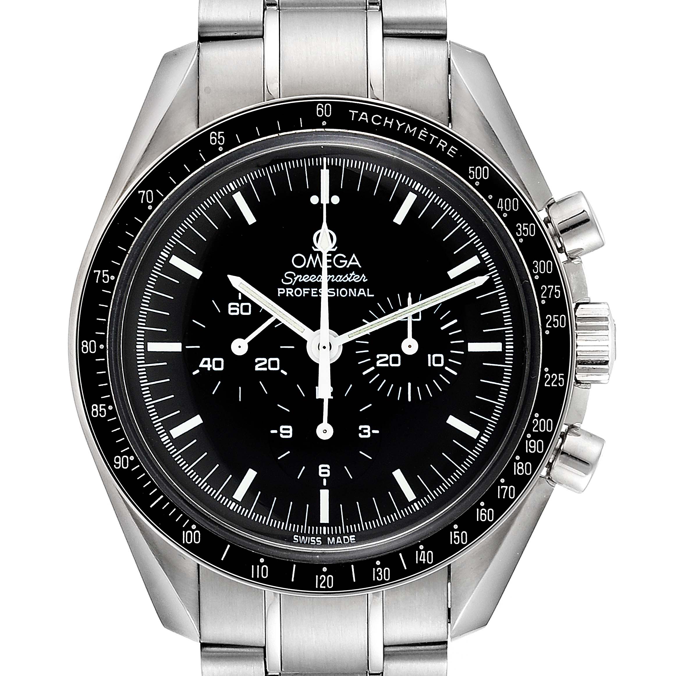 This image shows the front view of the Omega Speedmaster 3570.50.00 Men's Stainless Steel Black Dial 3570.50.00 Men's Stainless Steel Black Dial Professional watch, highlighting its dial, tachymeter bezel, and stainless steel bracelet.