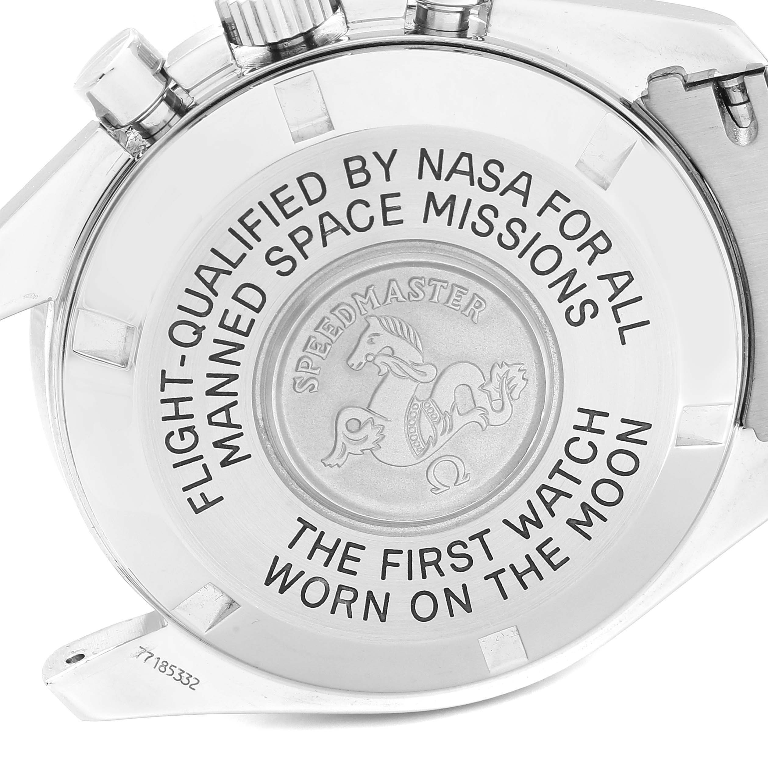 The image shows the back case of the Omega Speedmaster 3570.50.00 Men's Stainless Steel Black Dial 3570.50.00 Men's Stainless Steel Black Dial watch, highlighting its engravings and NASA qualification details.