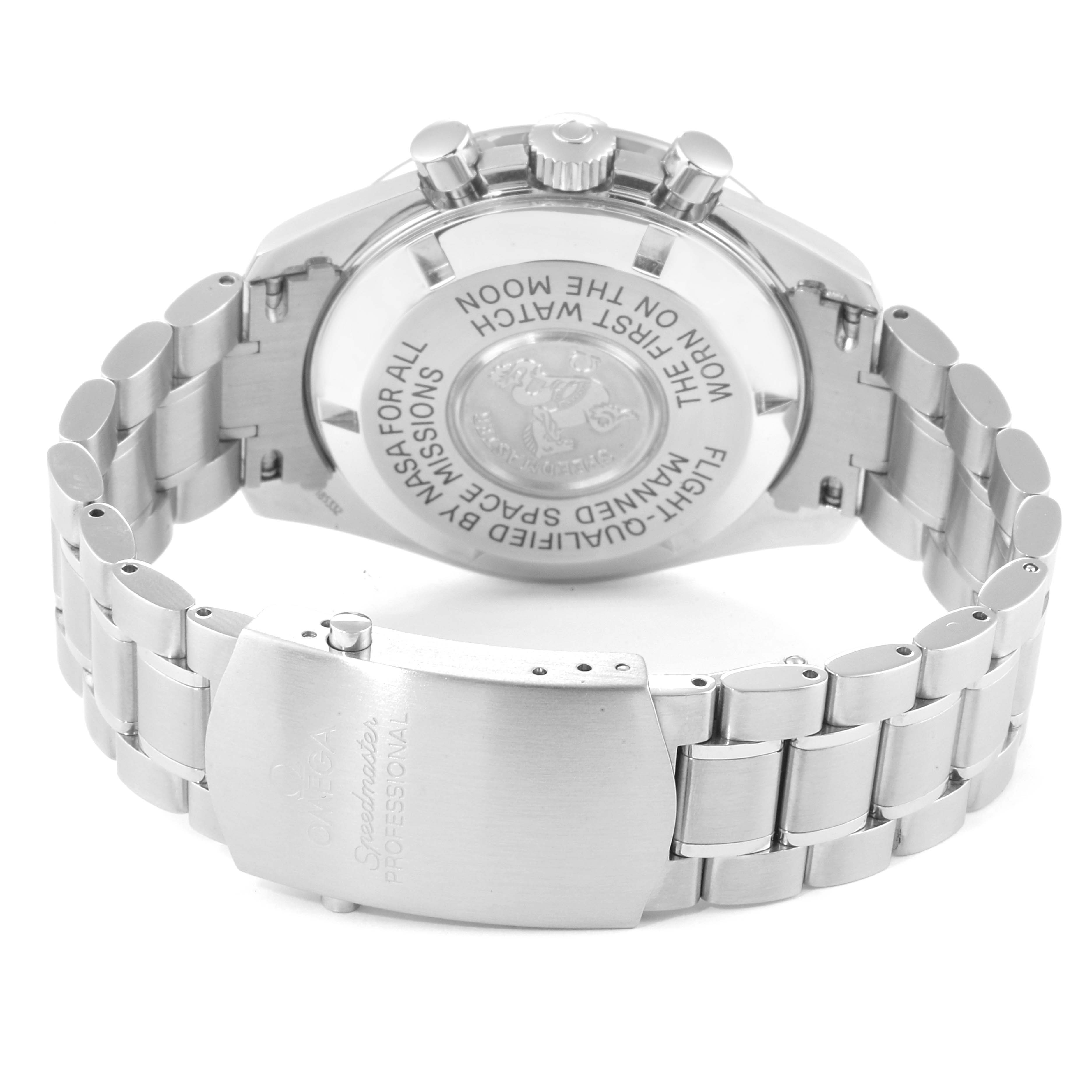 This image shows the back case and bracelet of the Omega Speedmaster 3570.50.00 Men's Stainless Steel Black Dial 3570.50.00 Men's Stainless Steel Black Dial watch viewed from an angle.