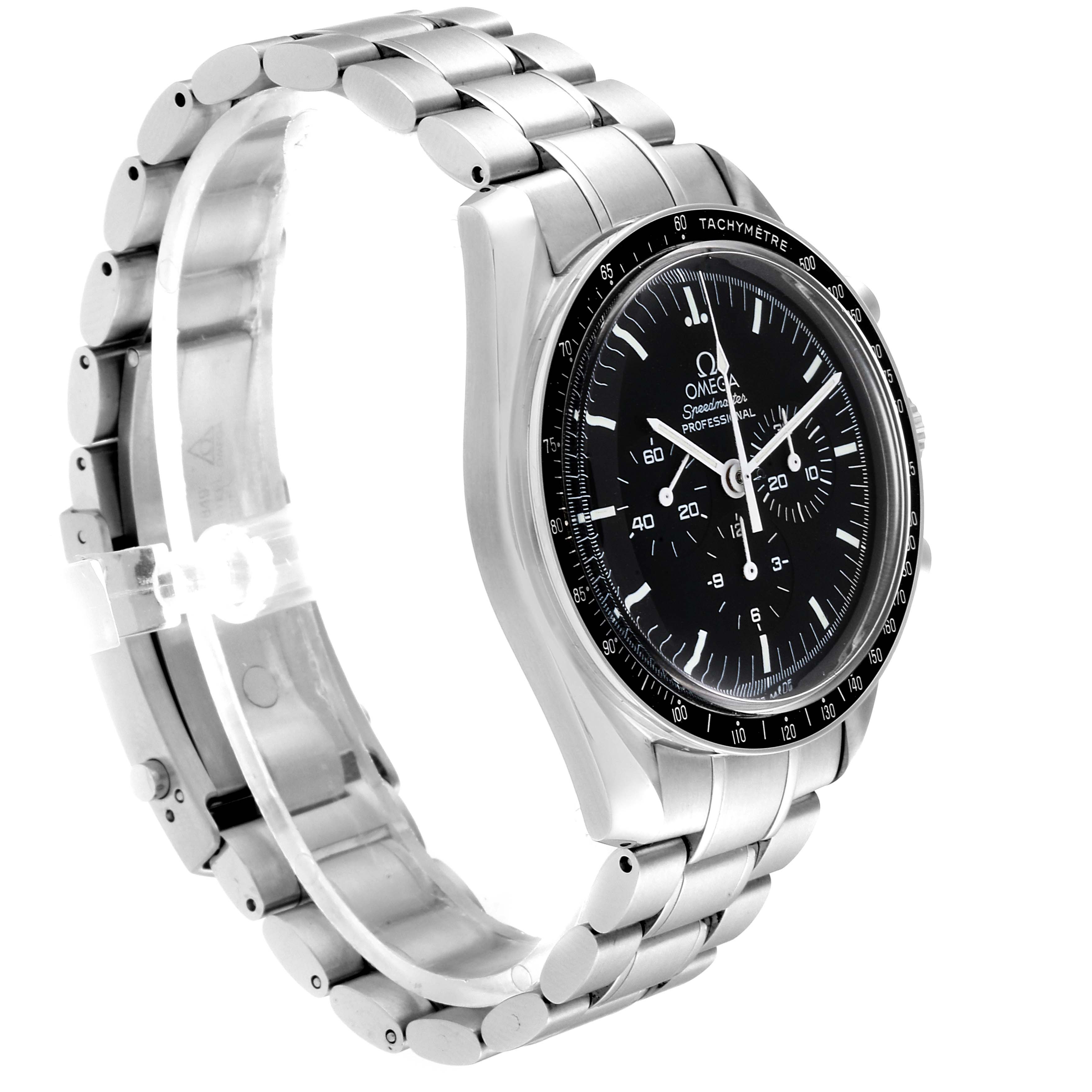 The Omega Speedmaster 3570.50.00 Men's Stainless Steel Black Dial 3570.50.00 Men's Stainless Steel Black Dial watch is shown at a three-quarter angle, displaying the dial, bezel, and metal bracelet.