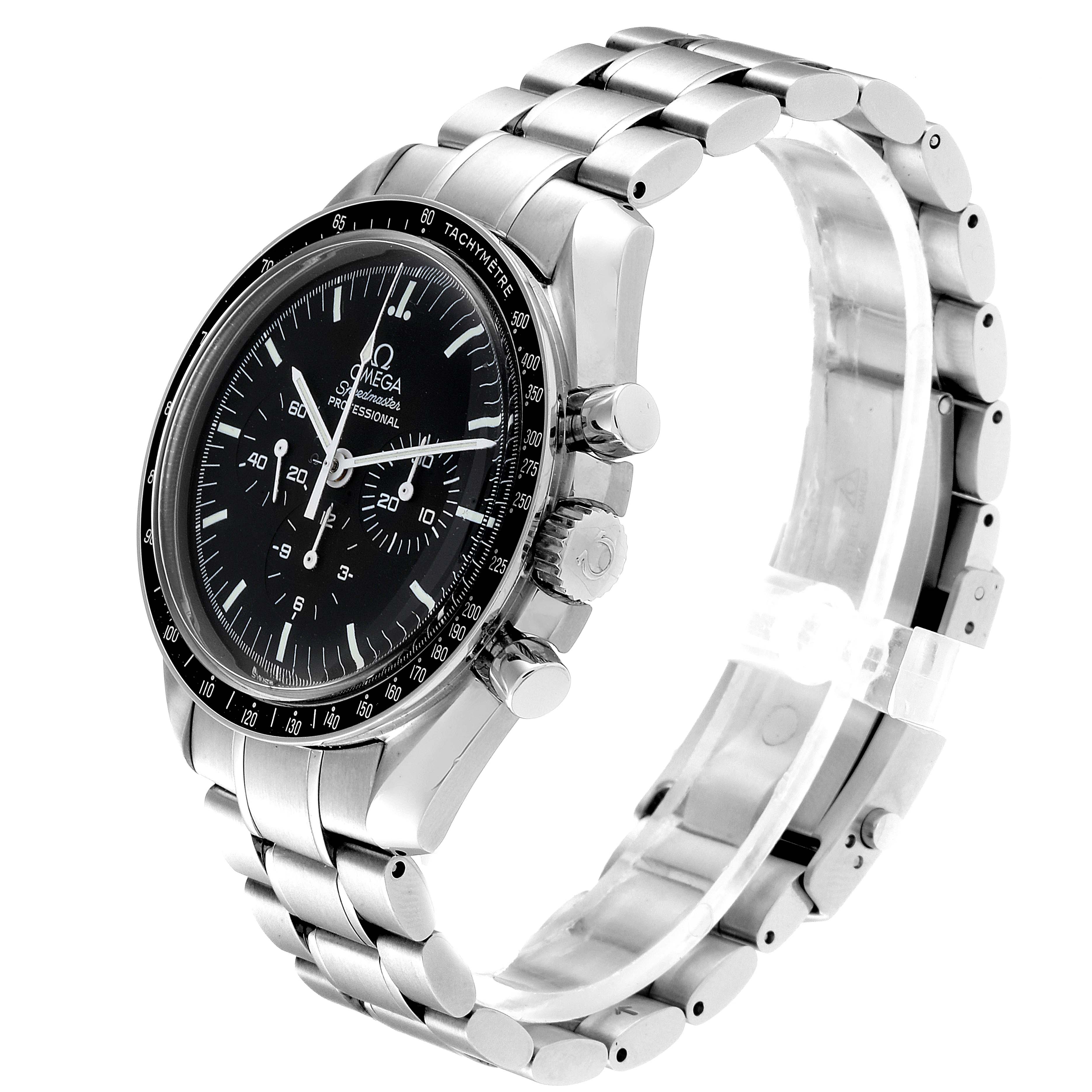 The Omega Speedmaster 3570.50.00 Men's Stainless Steel Black Dial 3570.50.00 Men's Stainless Steel Black Dial watch is shown at a slight side angle, highlighting its black dial, tachymeter bezel, and metal bracelet.