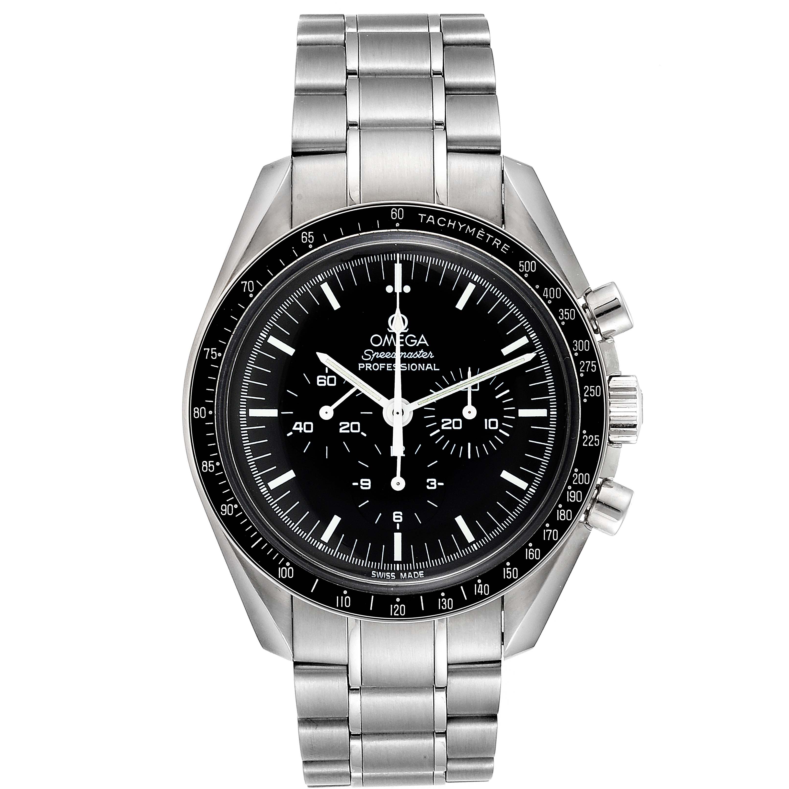 The Omega Speedmaster 3570.50.00 Men's Stainless Steel Black Dial 3570.50.00 Men's Stainless Steel Black Dial watch is shown from a front angle, highlighting the face, bezel, pushers, and stainless steel bracelet.