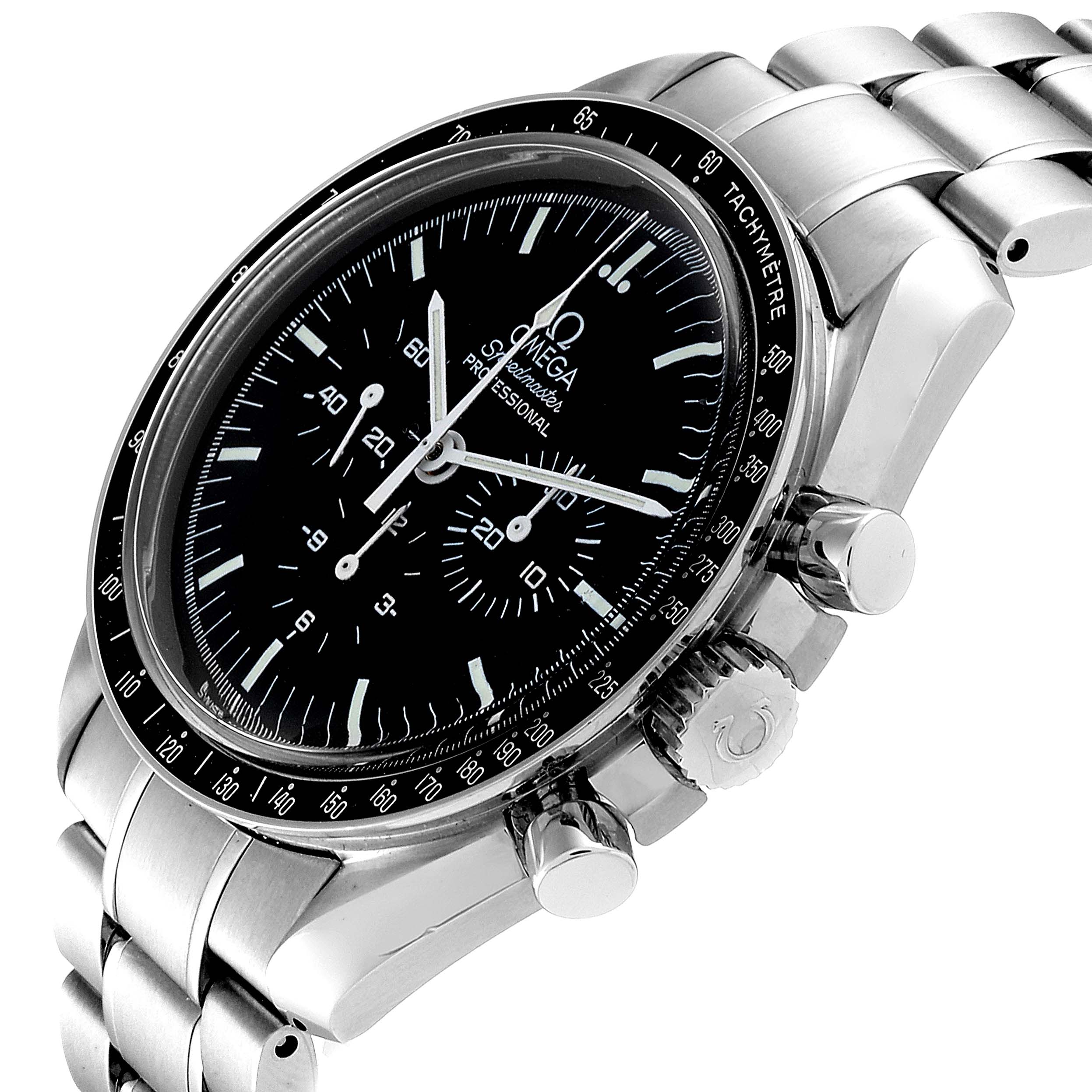 The image shows a side angle of the Omega Speedmaster 3570.50.00 Men's Stainless Steel Black Dial 3570.50.00 Men's Stainless Steel Black Dial watch, highlighting its face, bezel, crown, and chronograph pushers.