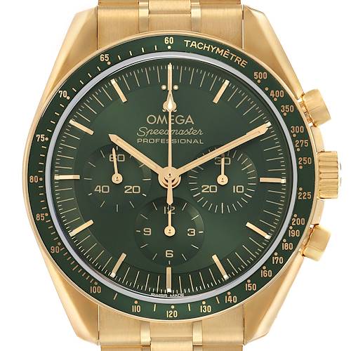 The Omega Speedmaster 310.60.42.50.10.001 Men's Yellow Gold Green Dial watch is shown from a front angle, displaying the dial, tachymeter scale, and part of the bracelet.