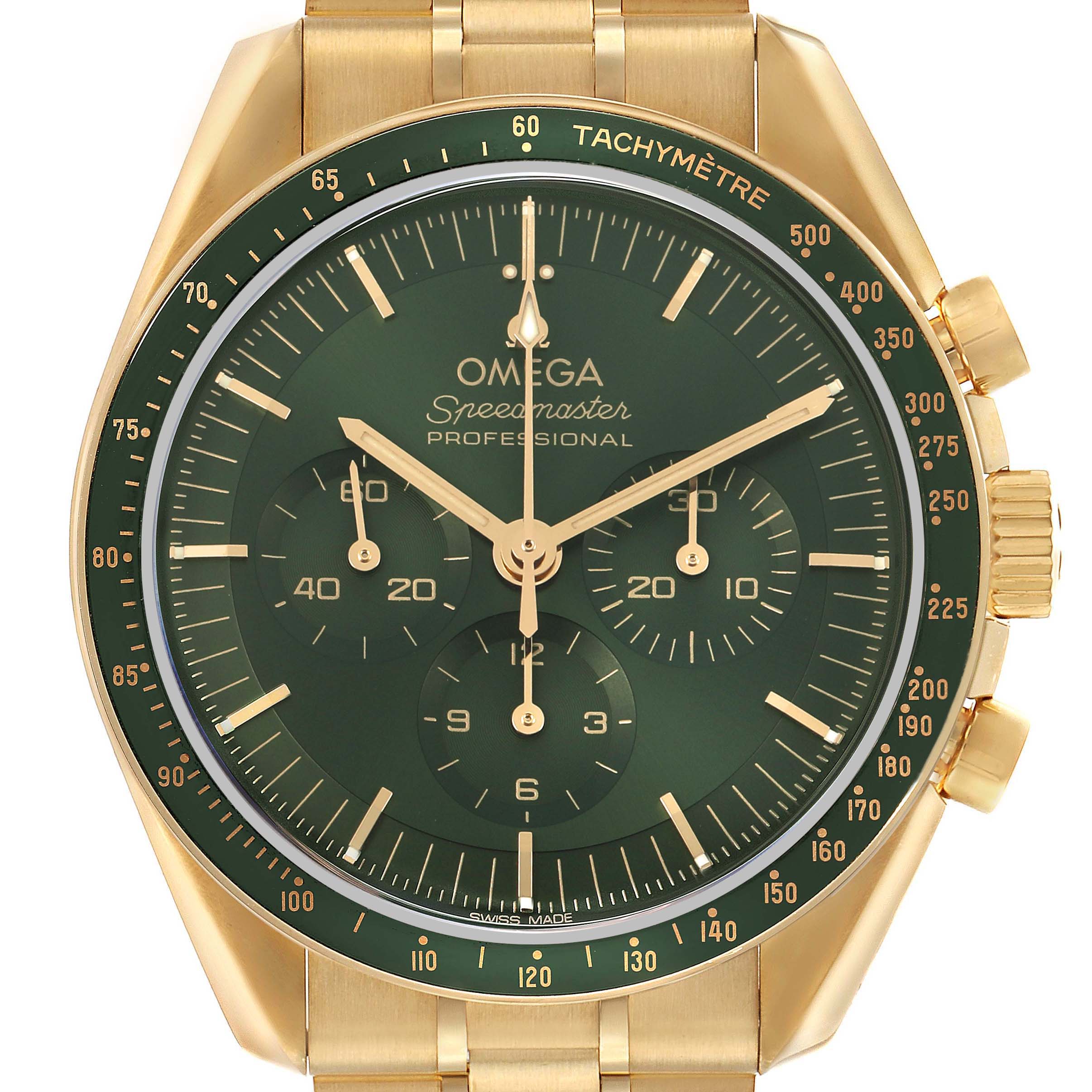 The Omega Speedmaster 310.60.42.50.10.001 Men's Yellow Gold Green Dial watch is shown from the front, highlighting the dial, bezel, and crown on the right side.