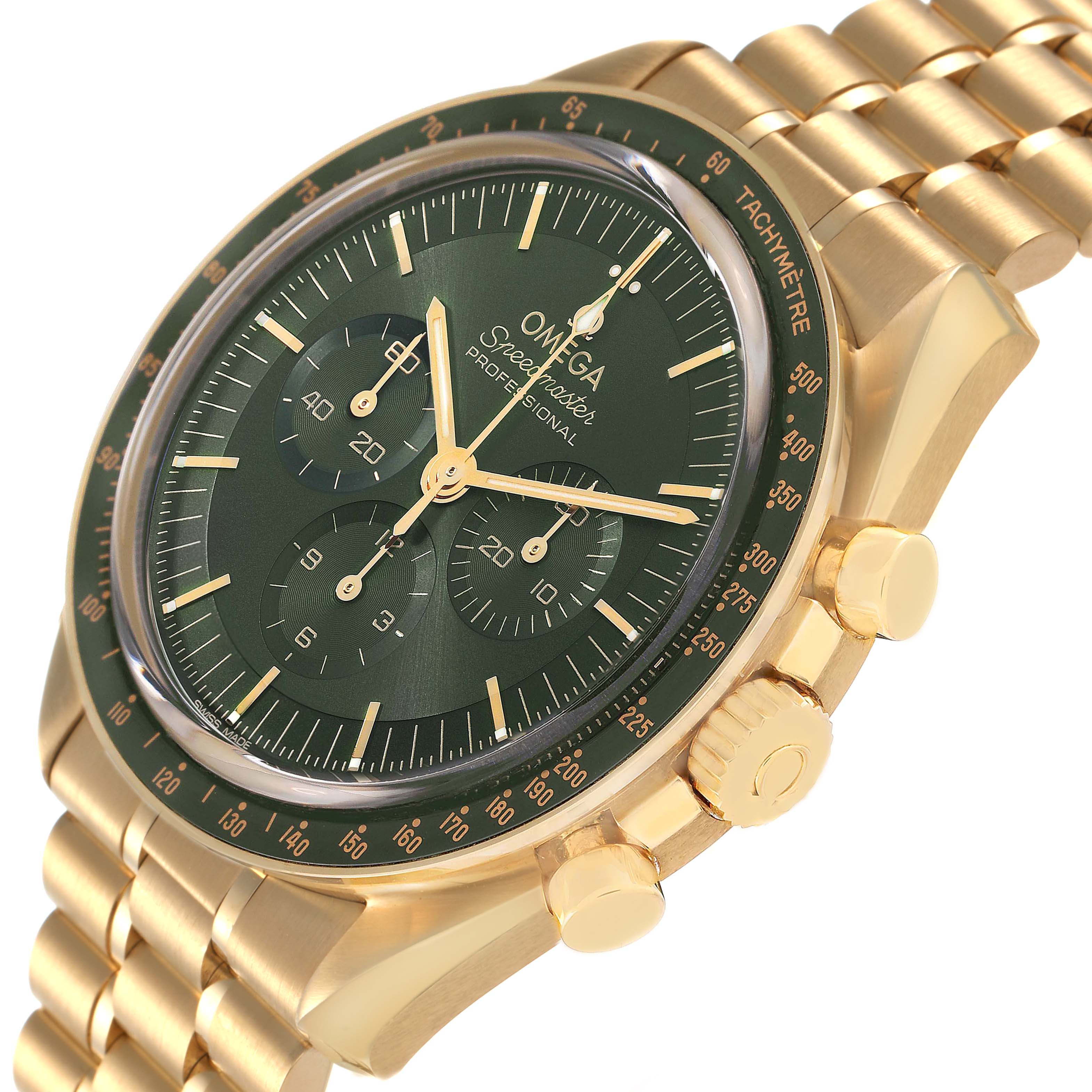 The Omega Speedmaster 310.60.42.50.10.001 Men's Yellow Gold Green Dial watch is shown at a slight side angle, highlighting the gold case, green dial, and tachymetre bezel.