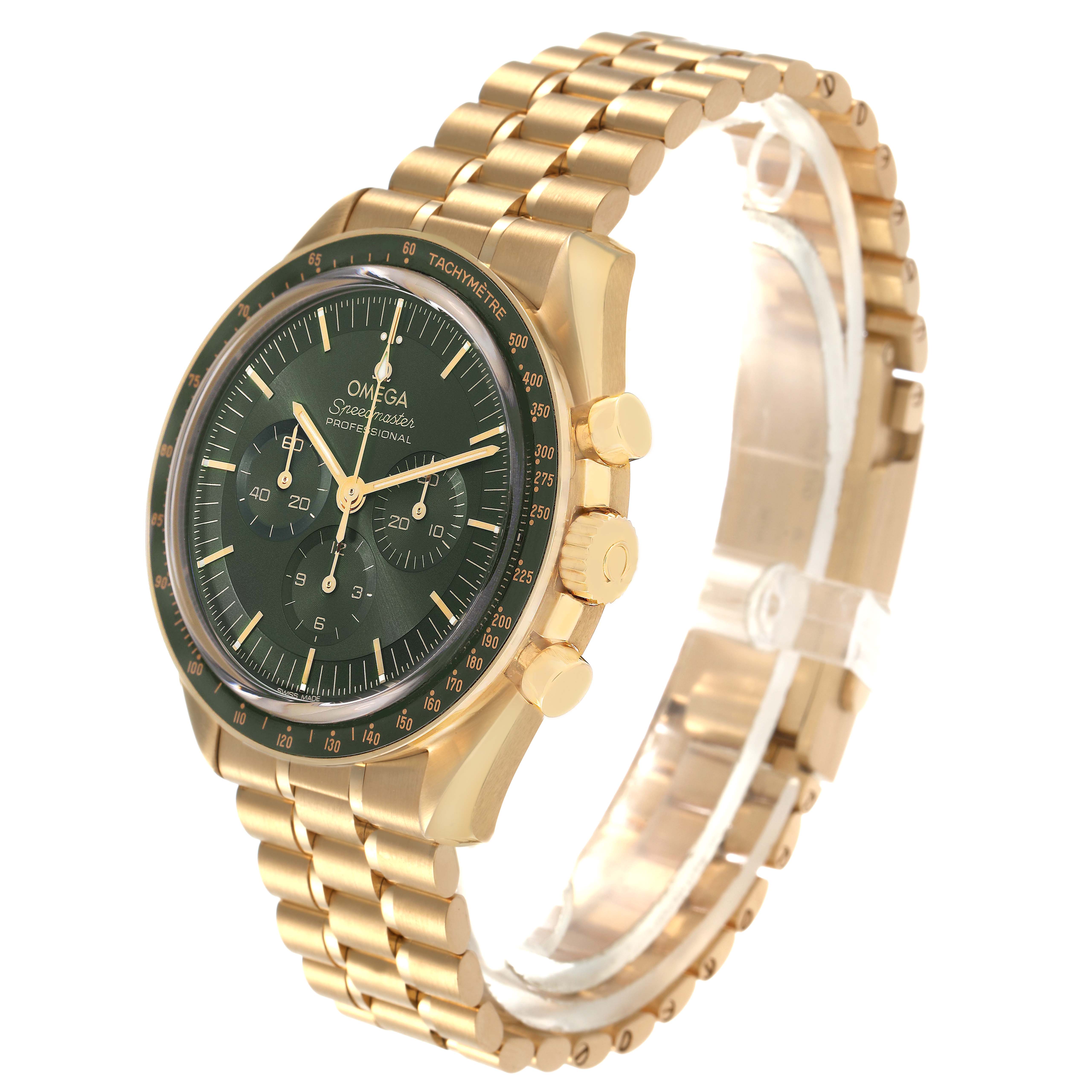 The Omega Speedmaster 310.60.42.50.10.001 Men's Yellow Gold Green Dial watch is shown at a three-quarter angle, highlighting the dial, bezel, crown, and metal bracelet.