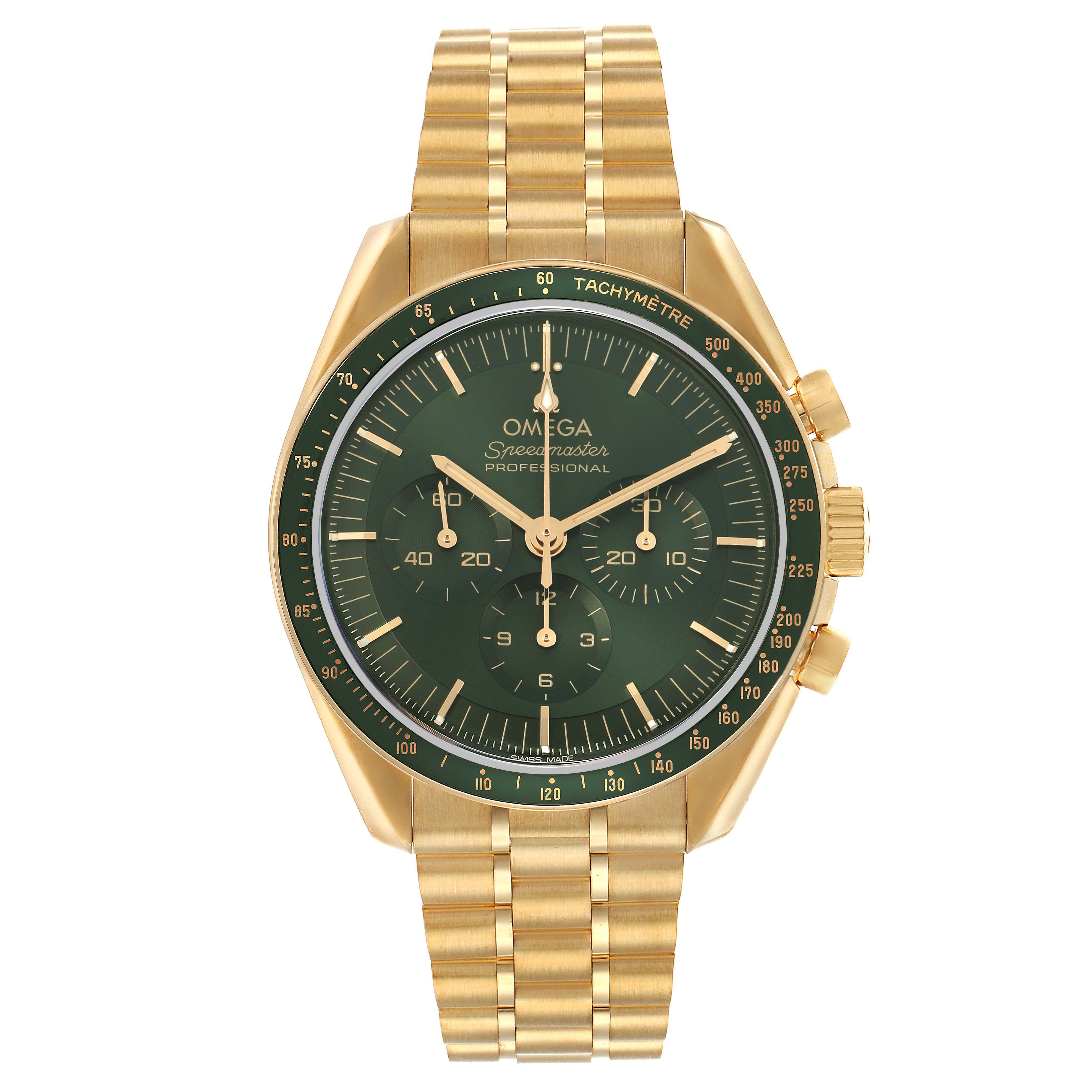 The Omega Speedmaster 310.60.42.50.10.001 Men's Yellow Gold Green Dial watch is shown from the front, displaying its green dial, gold case, and bracelet with pushers and crown.