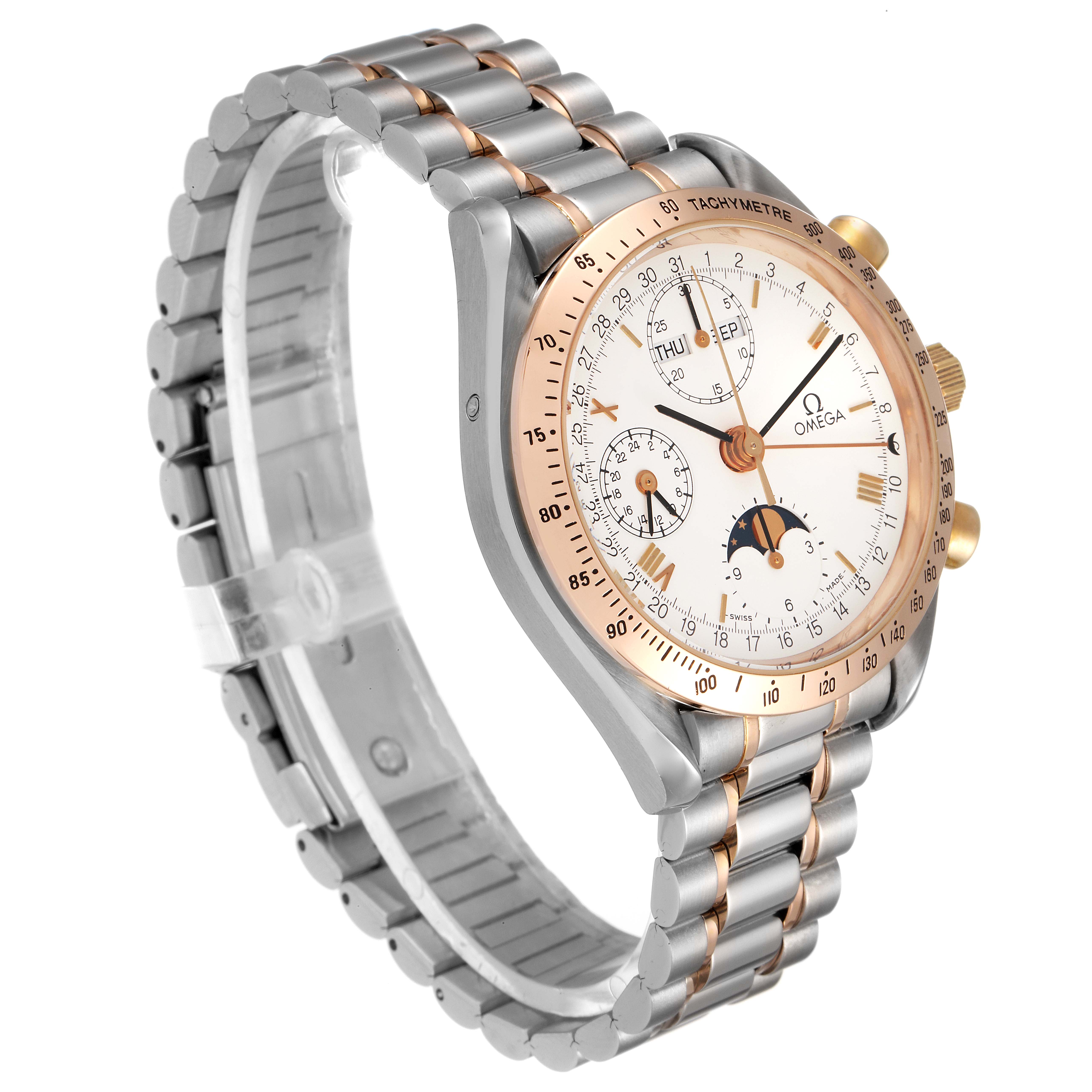 The Omega Speedmaster 3330.20.00 Men's Steel and Gold (two tone) White Dial 3330.20.00 Men's Steel and Gold (two tone) White Dial watch is shown at an angled side view, highlighting the face, bezel, and bracelet.