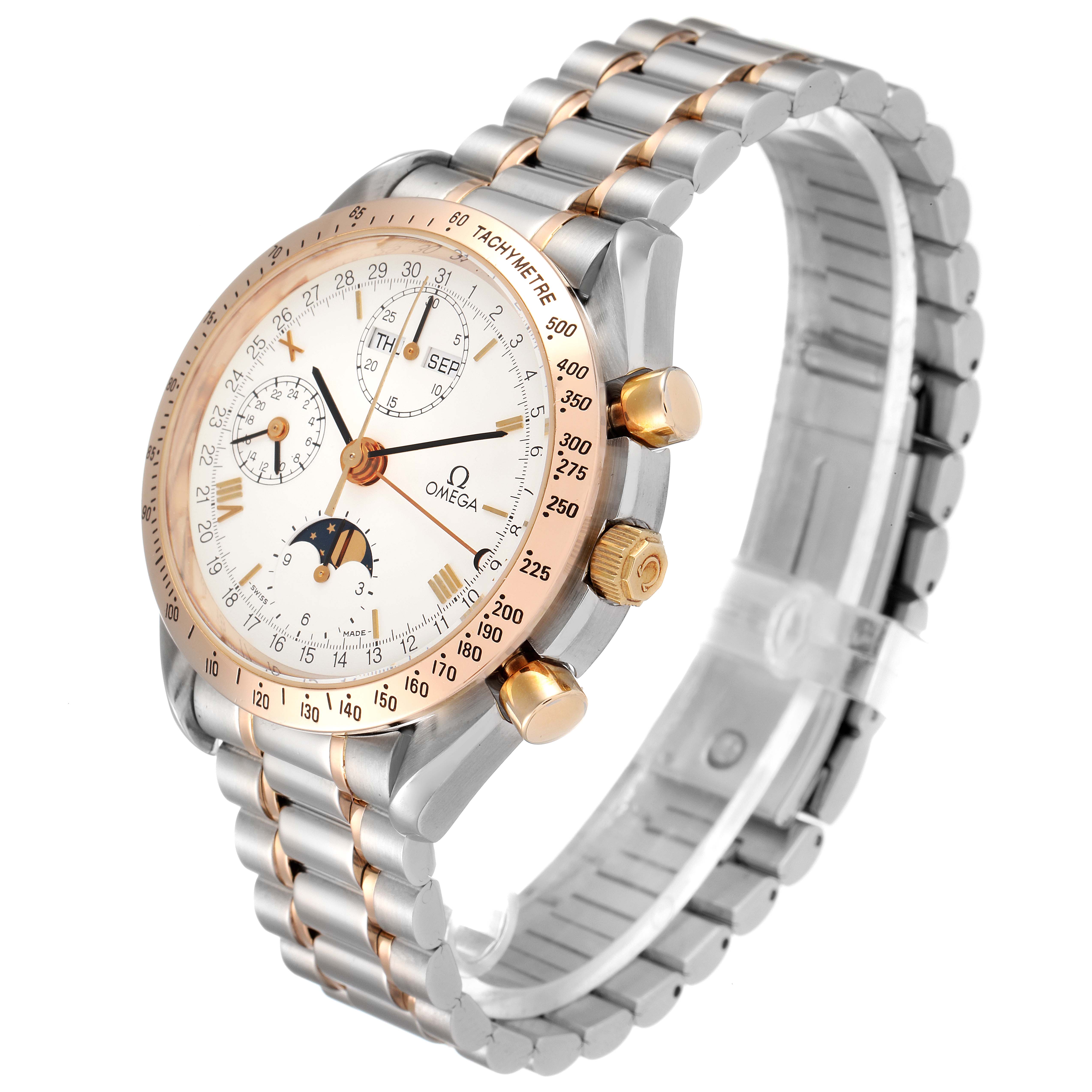 The Omega Speedmaster 3330.20.00 Men's Steel and Gold (two tone) White Dial 3330.20.00 Men's Steel and Gold (two tone) White Dial watch is shown at an angle displaying its face, bezel, crown, chronograph buttons, and metal bracelet.