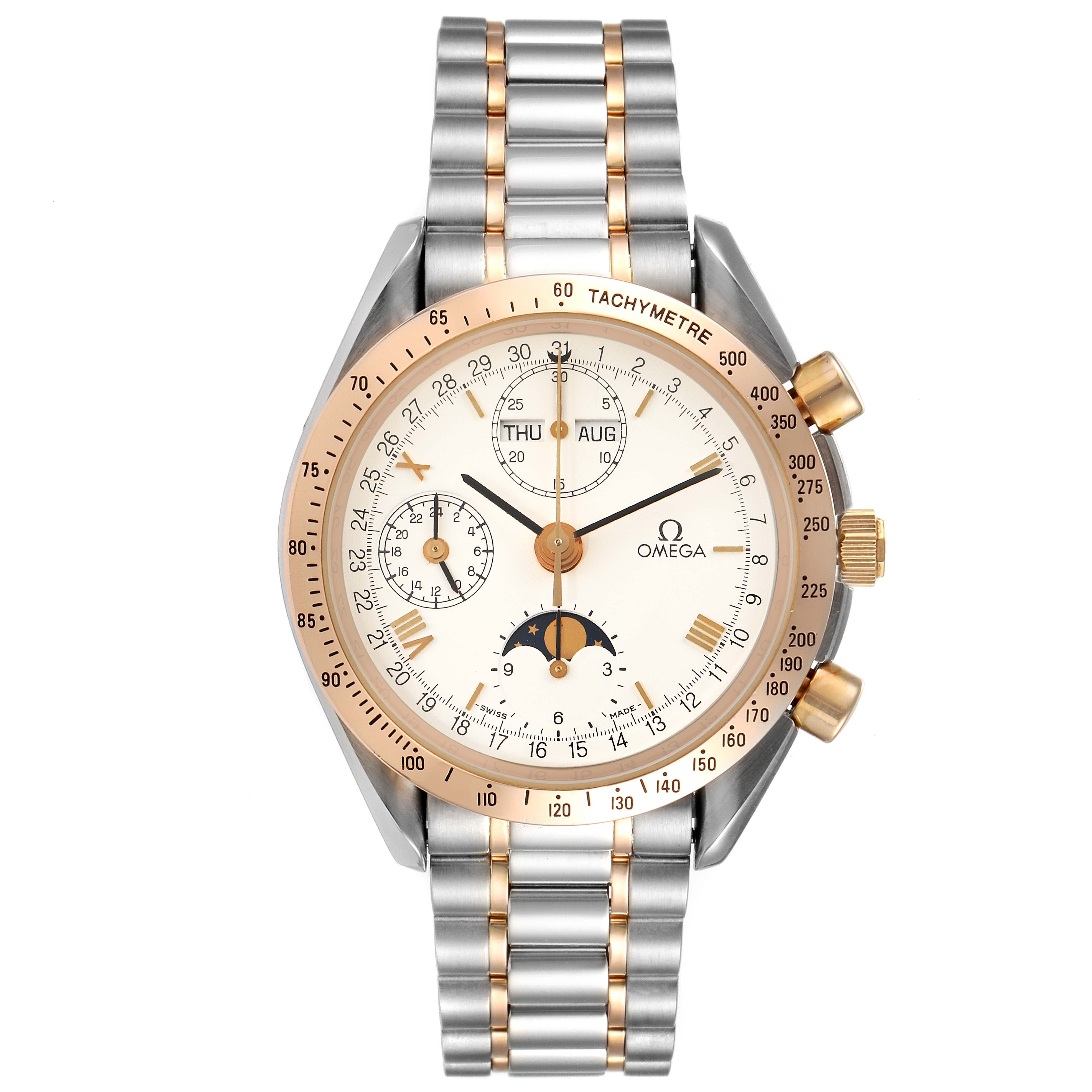 This Omega Speedmaster 3330.20.00 Men's Steel and Gold (two tone) White Dial 3330.20.00 Men's Steel and Gold (two tone) White Dial watch is shown from a front angle, displaying its face, dial, and stainless steel bracelet with gold accents.