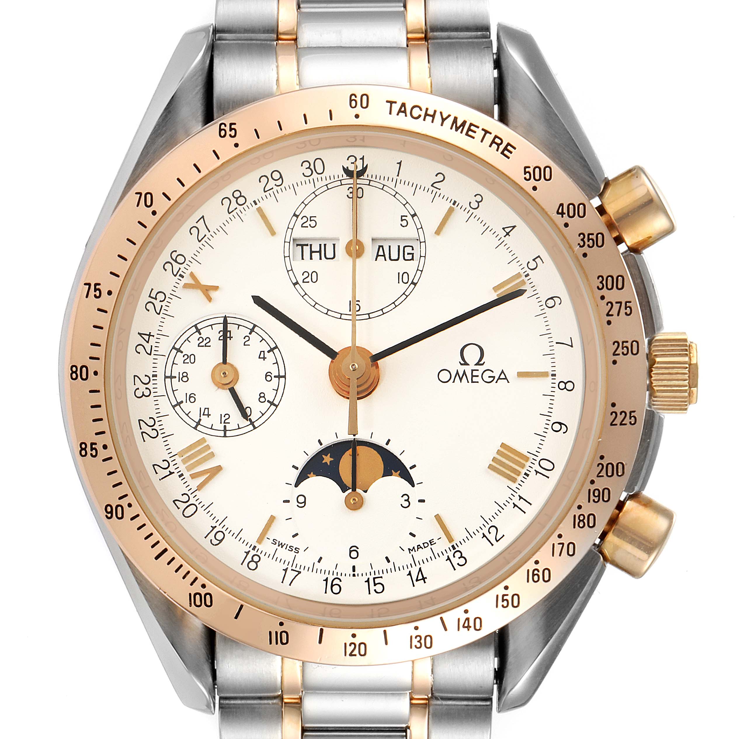 This image shows a frontal view of the Omega Speedmaster 3330.20.00 Men's Steel and Gold (two tone) White Dial 3330.20.00 Men's Steel and Gold (two tone) White Dial watch displaying its detailed dial, tachymeter bezel, and stainless steel and gold bracelet.