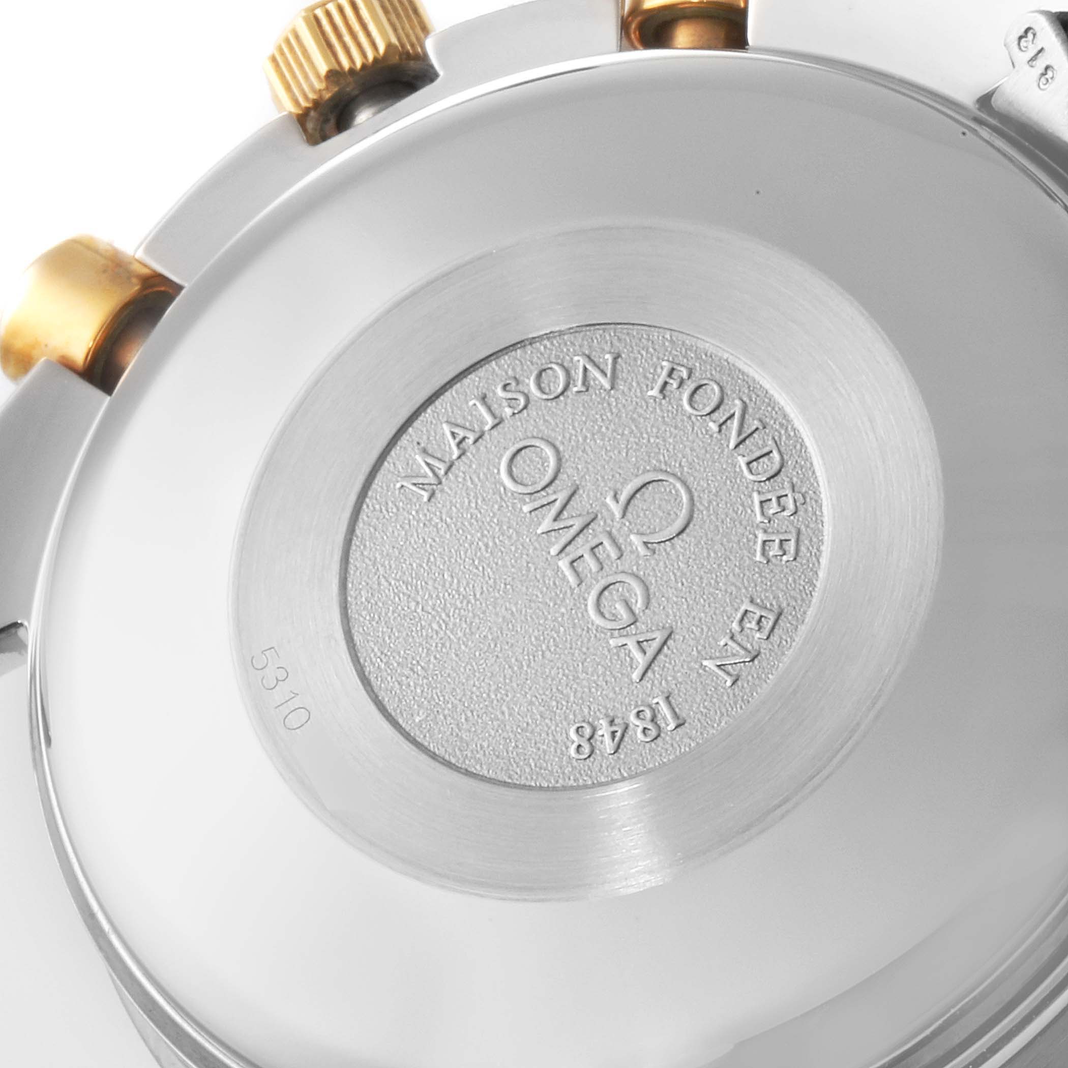 The image shows the back case of an Omega Speedmaster 3330.20.00 Men's Steel and Gold (two tone) White Dial 3330.20.00 Men's Steel and Gold (two tone) White Dial watch, highlighting the engraved brand and model details.