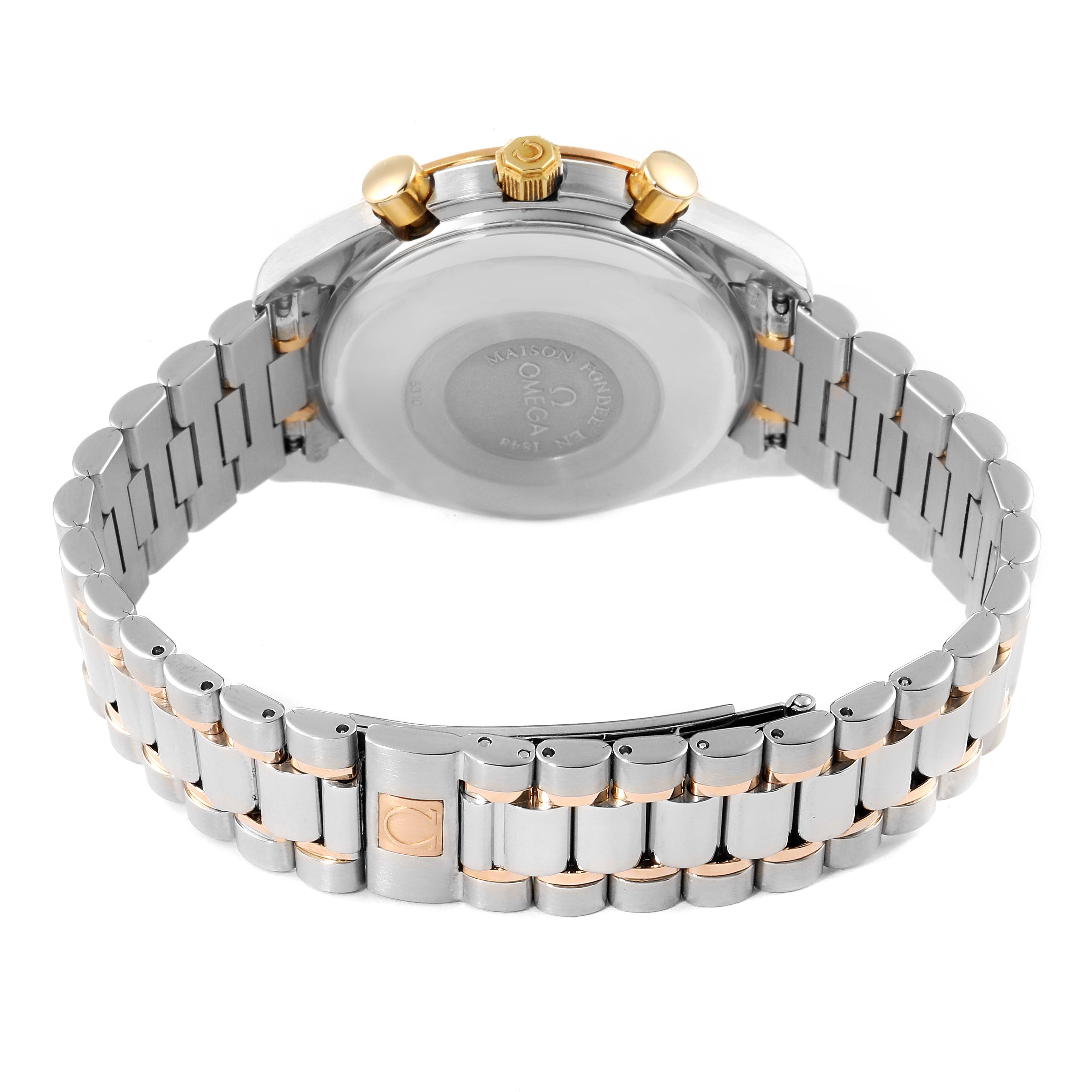 The image shows the back view of the Omega Speedmaster 3330.20.00 Men's Steel and Gold (two tone) White Dial 3330.20.00 Men's Steel and Gold (two tone) White Dial watch, including the case back, crown, pushers, and bracelet.