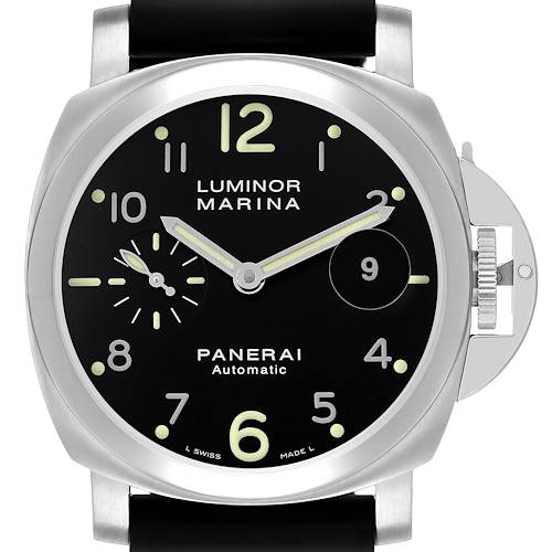 The Panerai Luminor PAM00164 Men's Stainless Steel Black Dial watch is shown front-facing, displaying the dial, hands, and crown guard clearly.