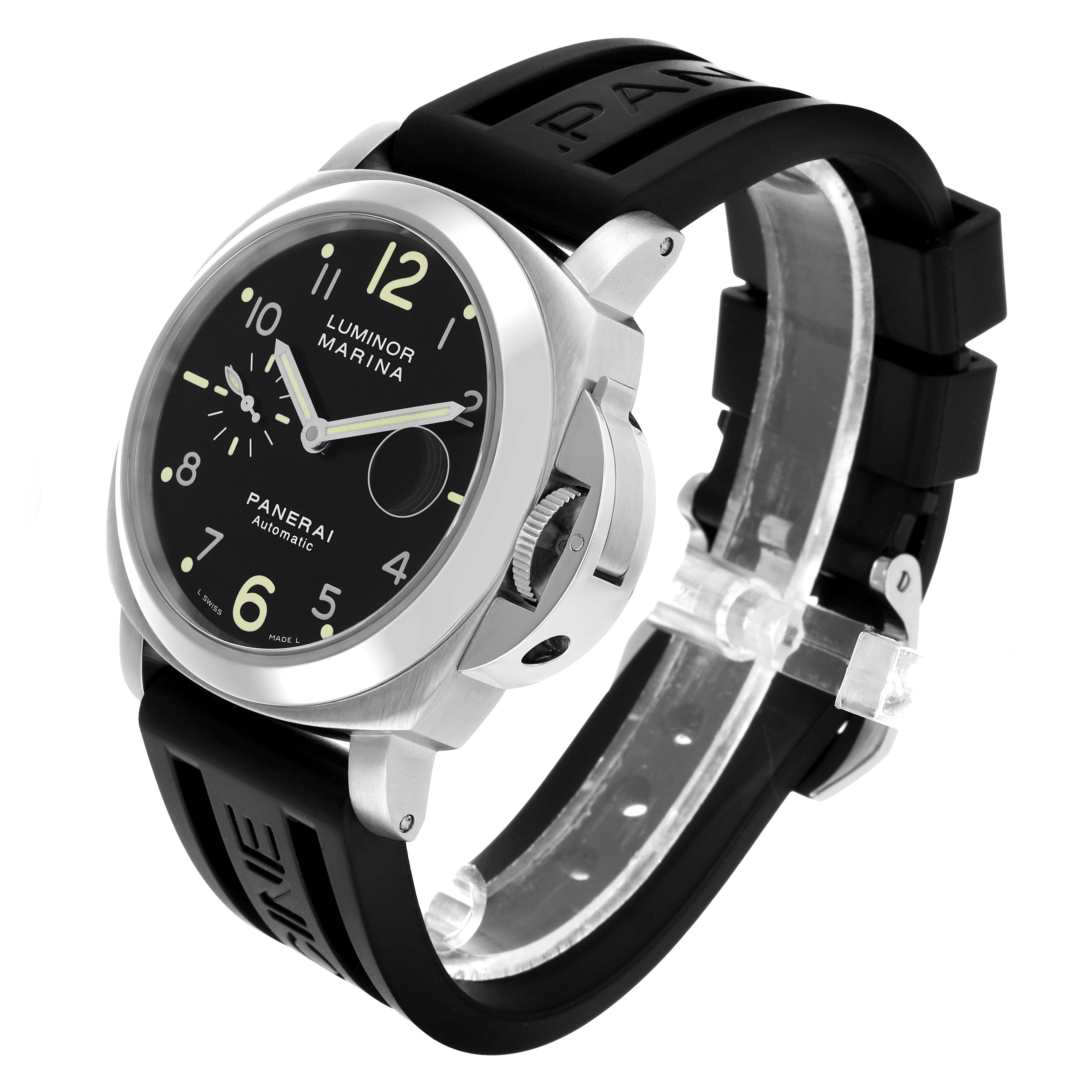 The Panerai Luminor PAM00164 Men's Stainless Steel Black Dial watch is shown at a three-quarter angle, highlighting the case, crown guard, and black rubber strap.