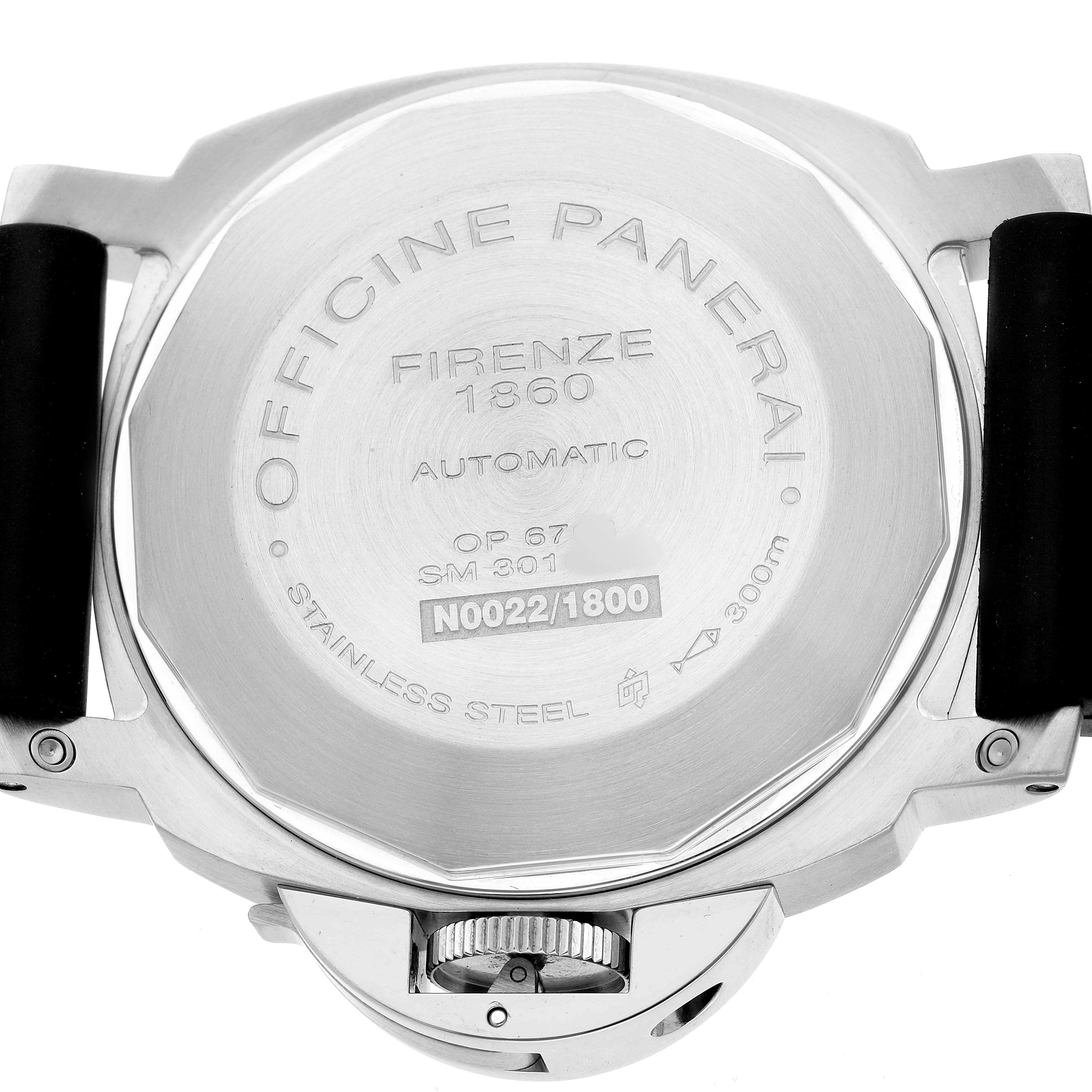 The image shows the back of a Panerai Luminor PAM00164 Men's Stainless Steel Black Dial watch, highlighting its engraved case and crown.