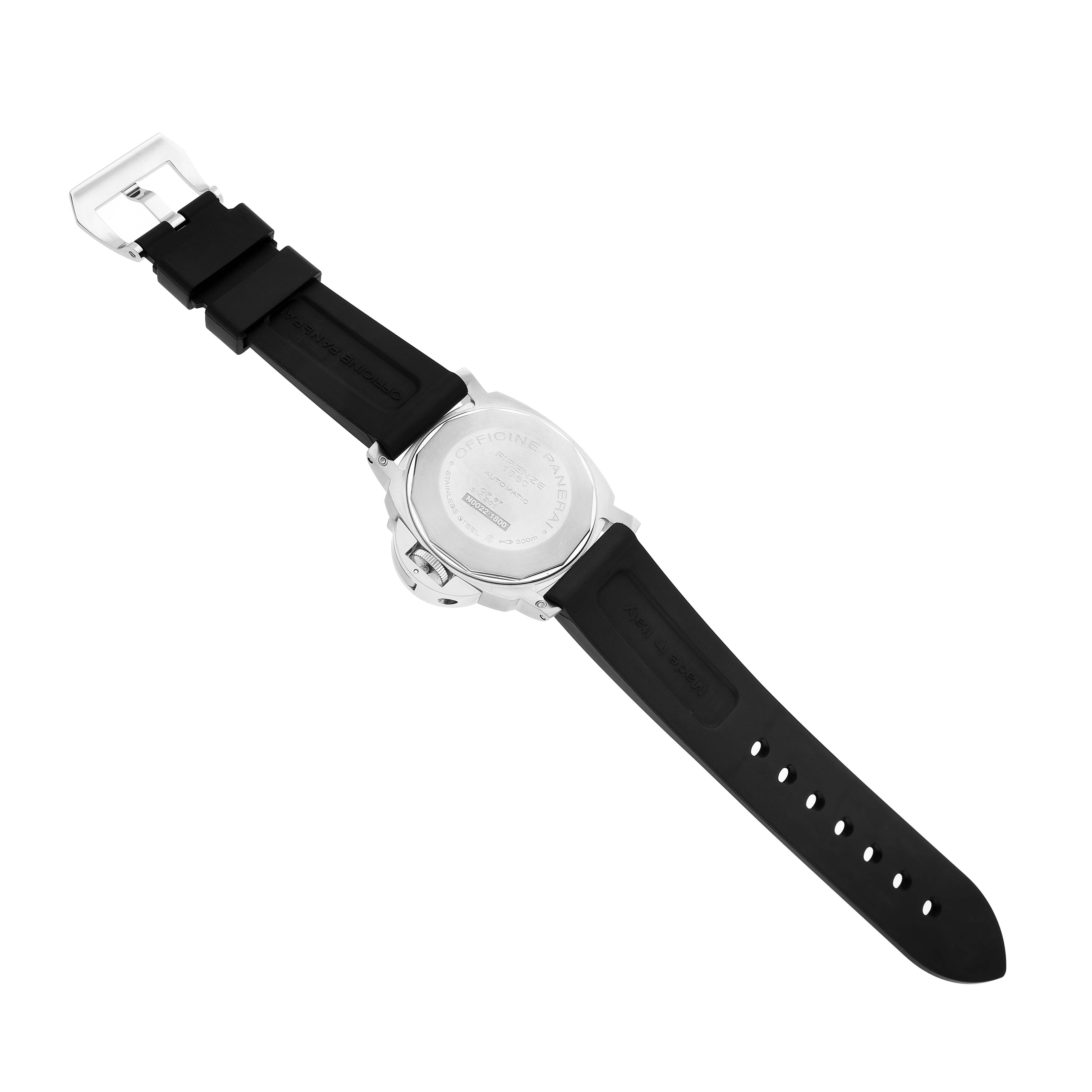The Panerai Luminor PAM00164 Men's Stainless Steel Black Dial watch is shown from the back, displaying the case back and rubber strap.