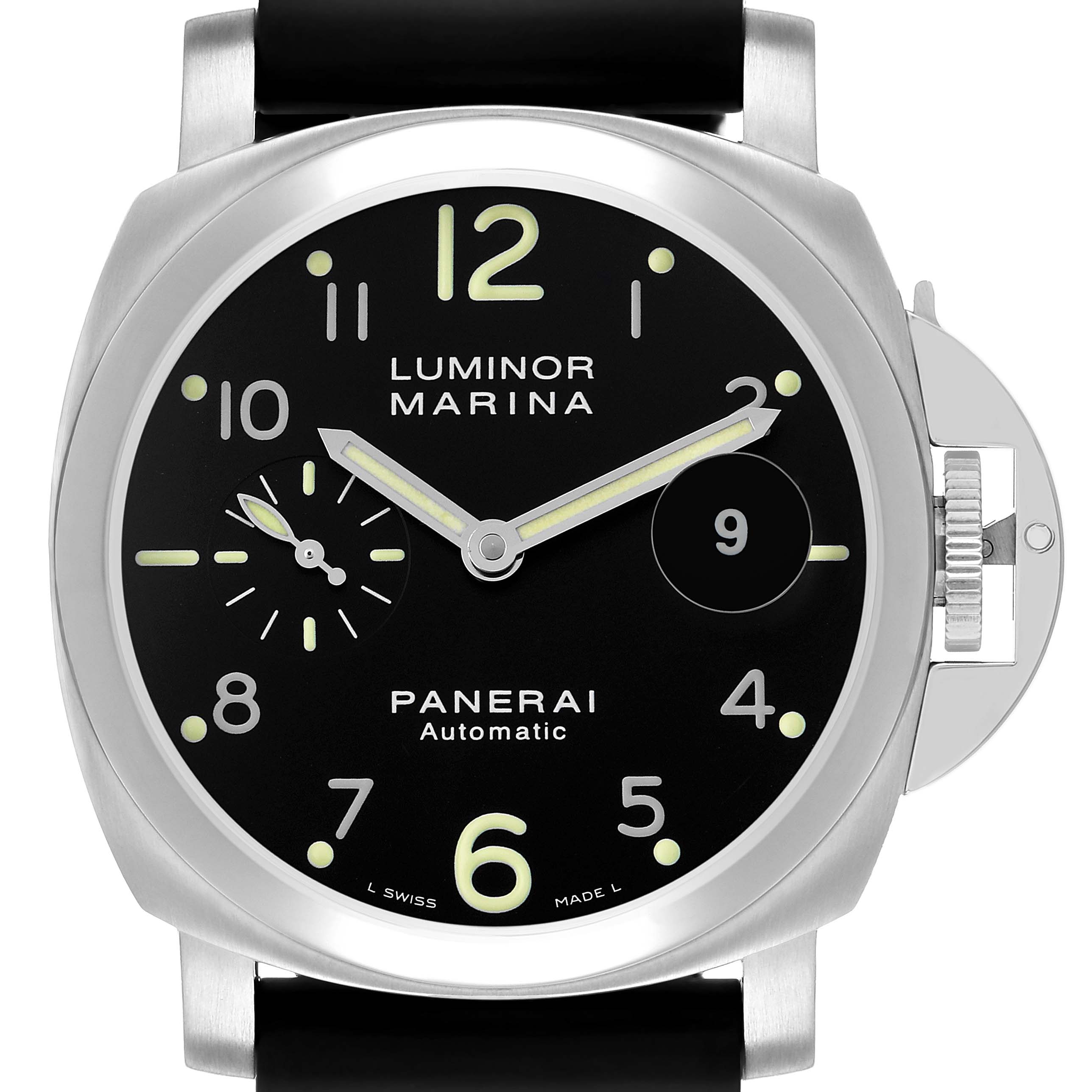 The Panerai Luminor PAM00164 Men's Stainless Steel Black Dial watch is shown from a front angle, highlighting its black dial, luminescent markers, and crown guard.