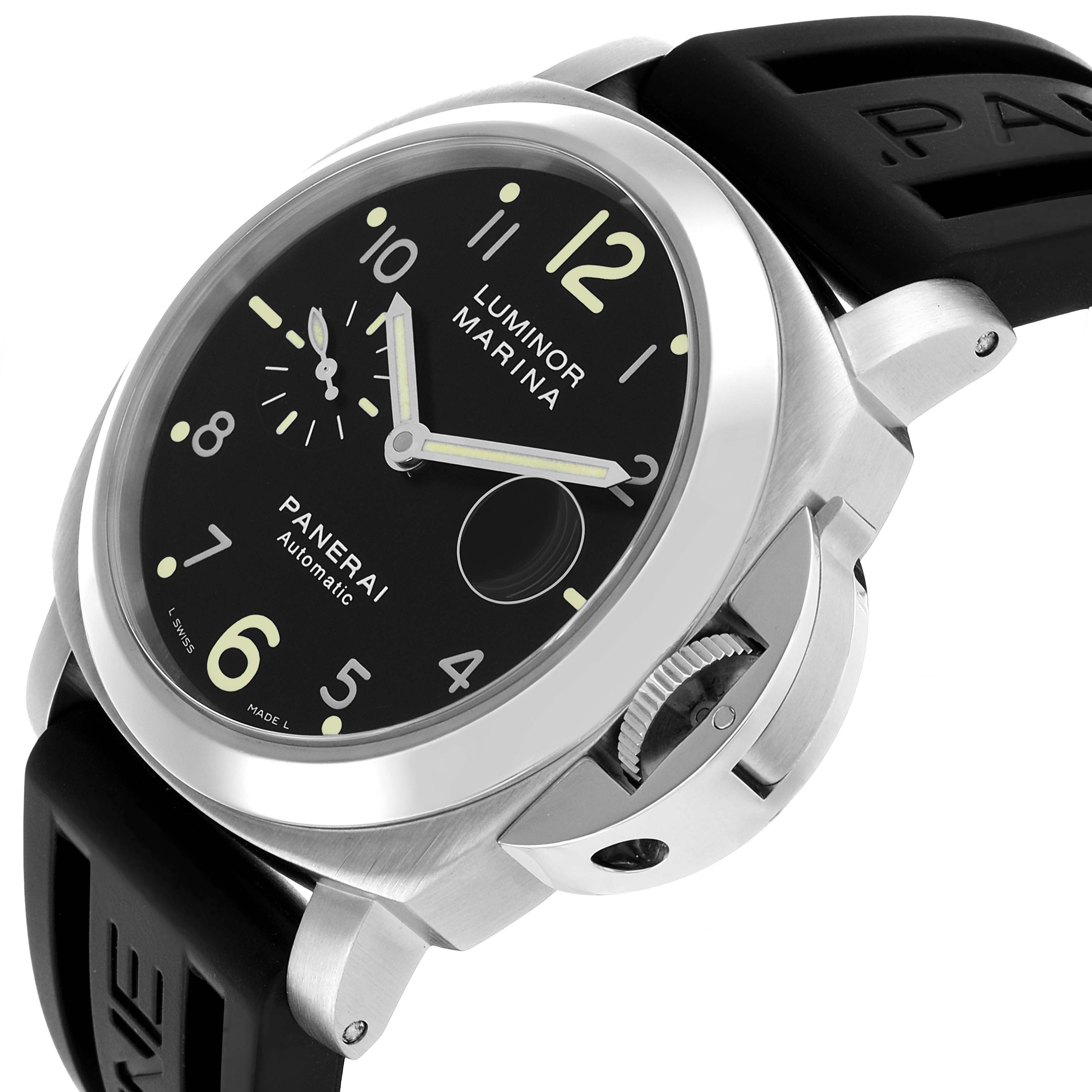 The Panerai Luminor PAM00164 Men's Stainless Steel Black Dial watch is shown at an oblique angle, highlighting its face, strap, and crown guard.