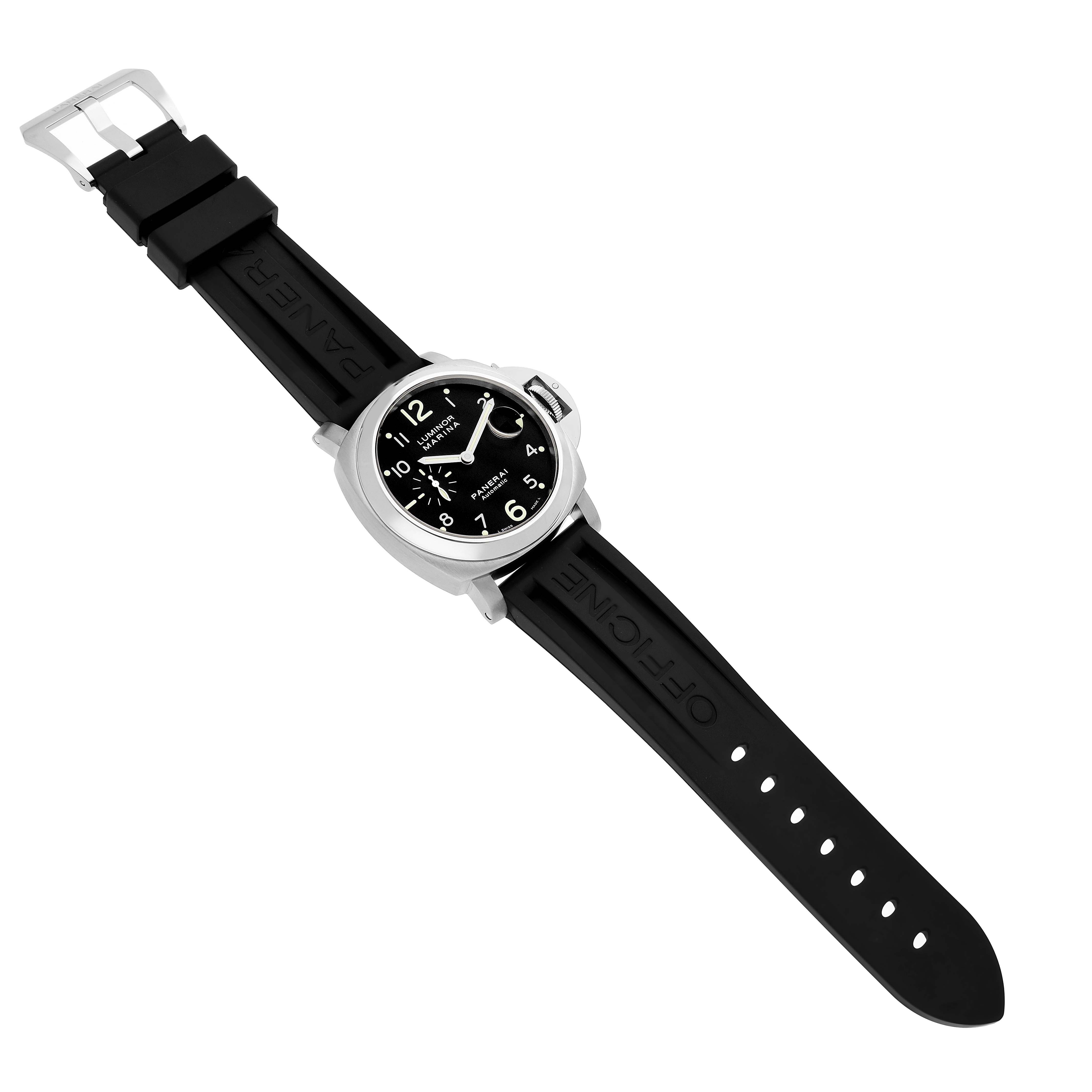The Panerai Luminor PAM00164 Men's Stainless Steel Black Dial watch is shown from an overhead angle, displaying its black dial and rubber strap with a buckle.